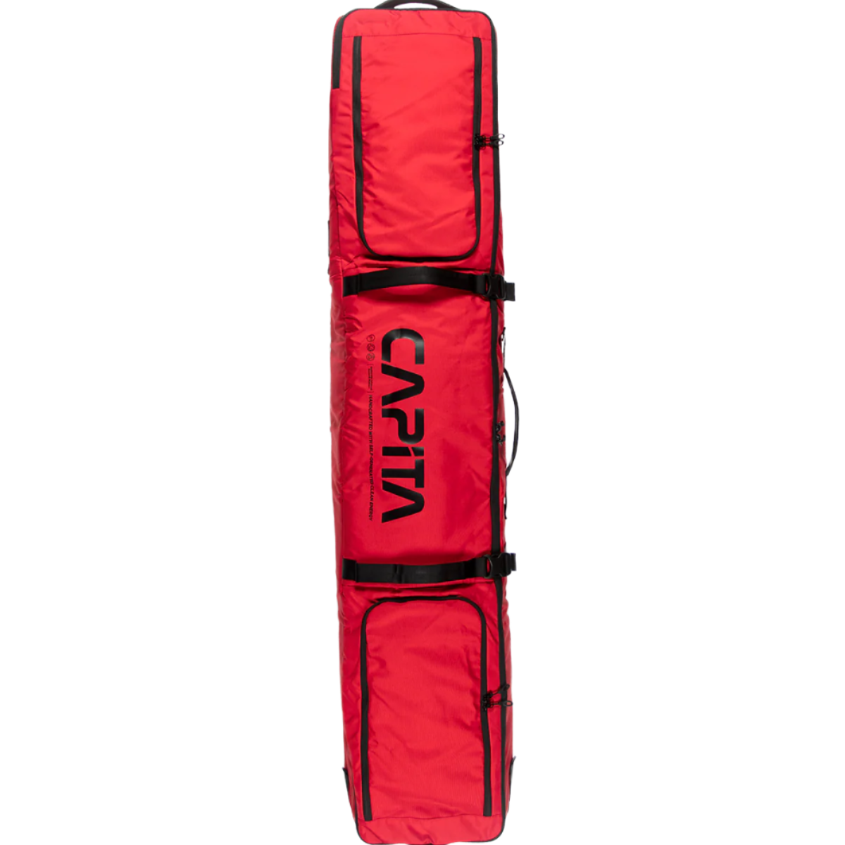 CAPiTA Explorer Wheeled Snowboard Bag - A red wheeled snowboard bag with a handle on top and two wheels at the bottom, featuring black straps and buckles.