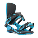 Union Ultra Snowboard Bindings 2025 - A pair of black snowboard bindings with blue accents and a blue base plate.