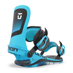 Union Ultra Snowboard Bindings 2025 - A pair of blue snowboard bindings with black buckles and straps, featuring a sleek design on a white background.