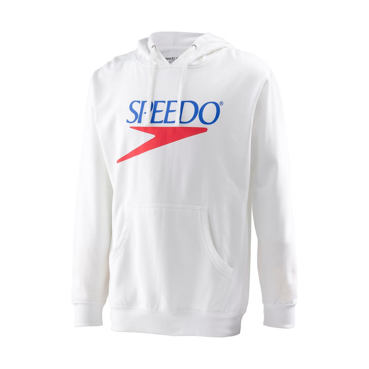 Speedo Vintage Logo Hoodie - A white hoodie with a large red vintage logo on the chest and blue lettering that reads "SPEEDO" above it.