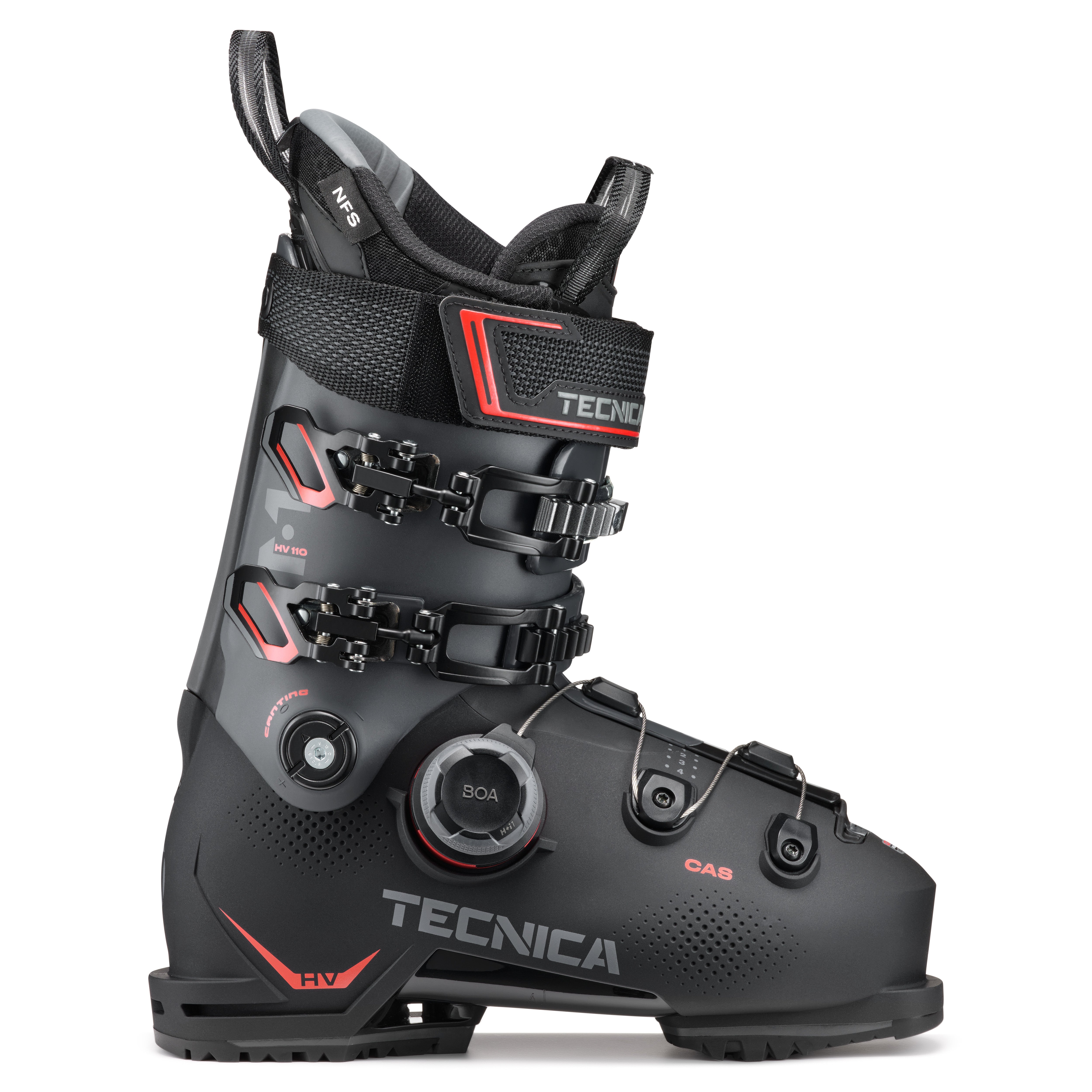 Tecnica Men's Mach 1 BOA HV 110 Ski Boots 2025 - Black ski boots with red accents and a BOA dial on the side.