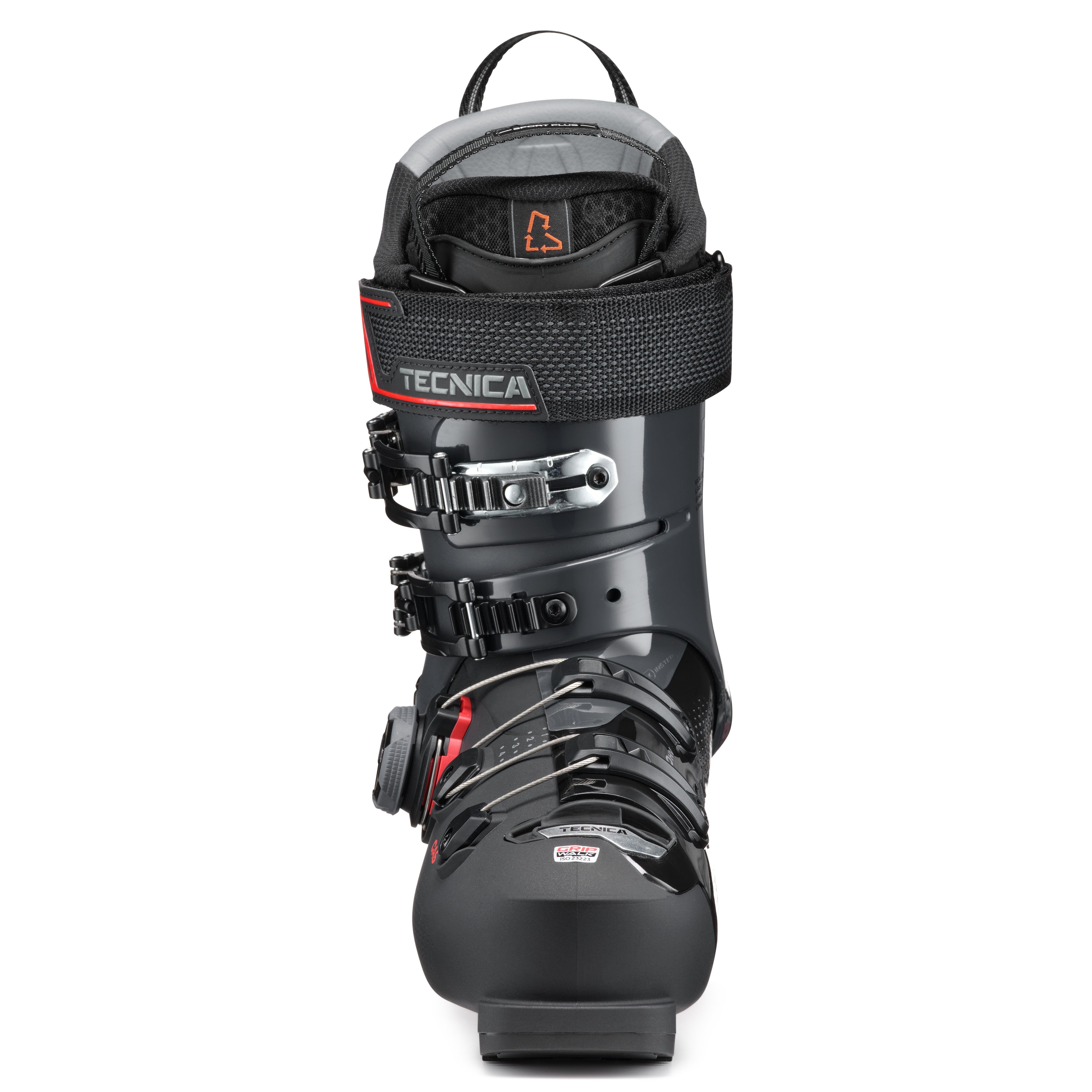Tecnica Men's Mach 1 BOA HV 110 Ski Boots 2025 - Black ski boots with silver buckles and red accents.