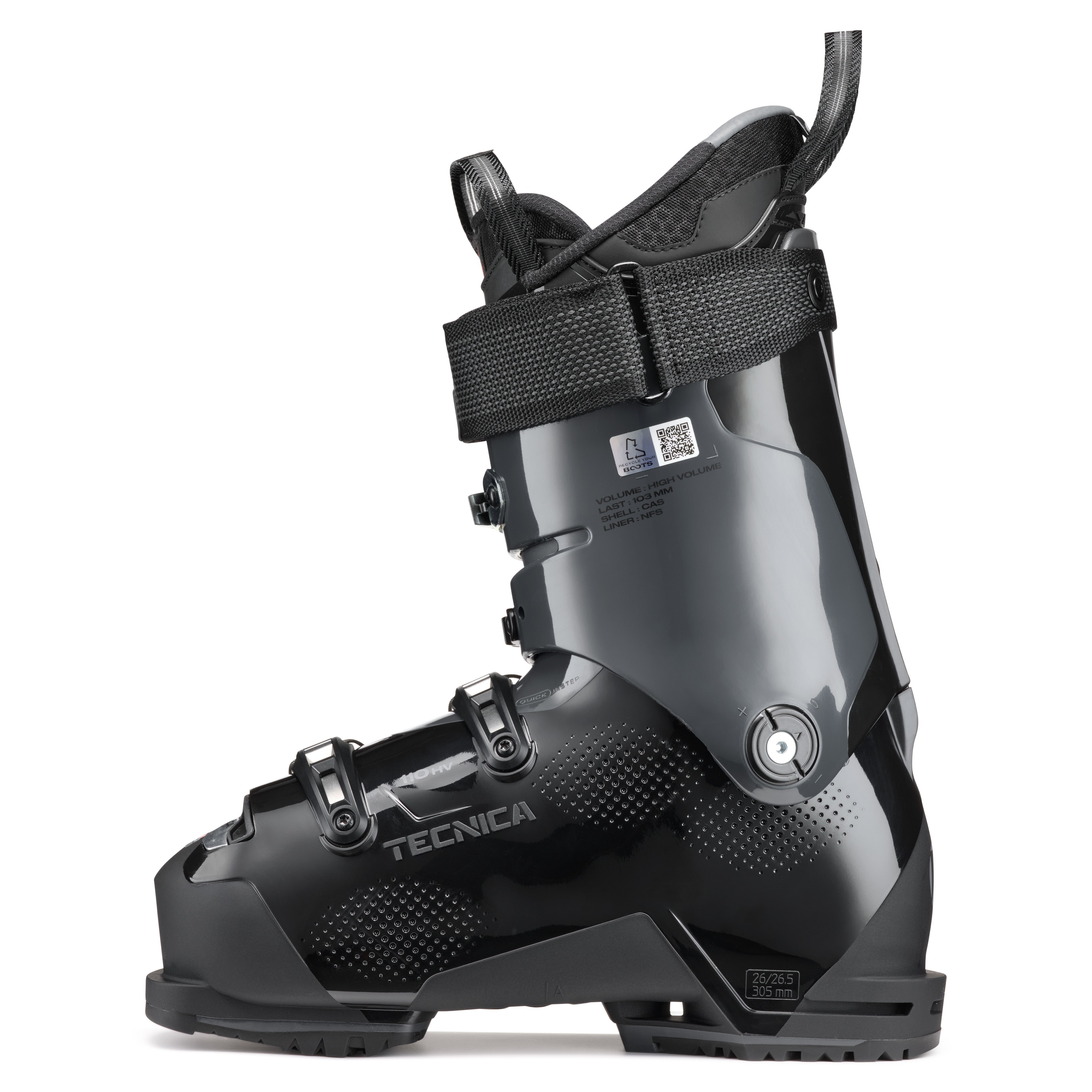 Tecnica Men's Mach 1 BOA HV 110 Ski Boots 2025 - Black ski boots with a textured pattern on the toe and heel areas, featuring a prominent white "BOA" logo.