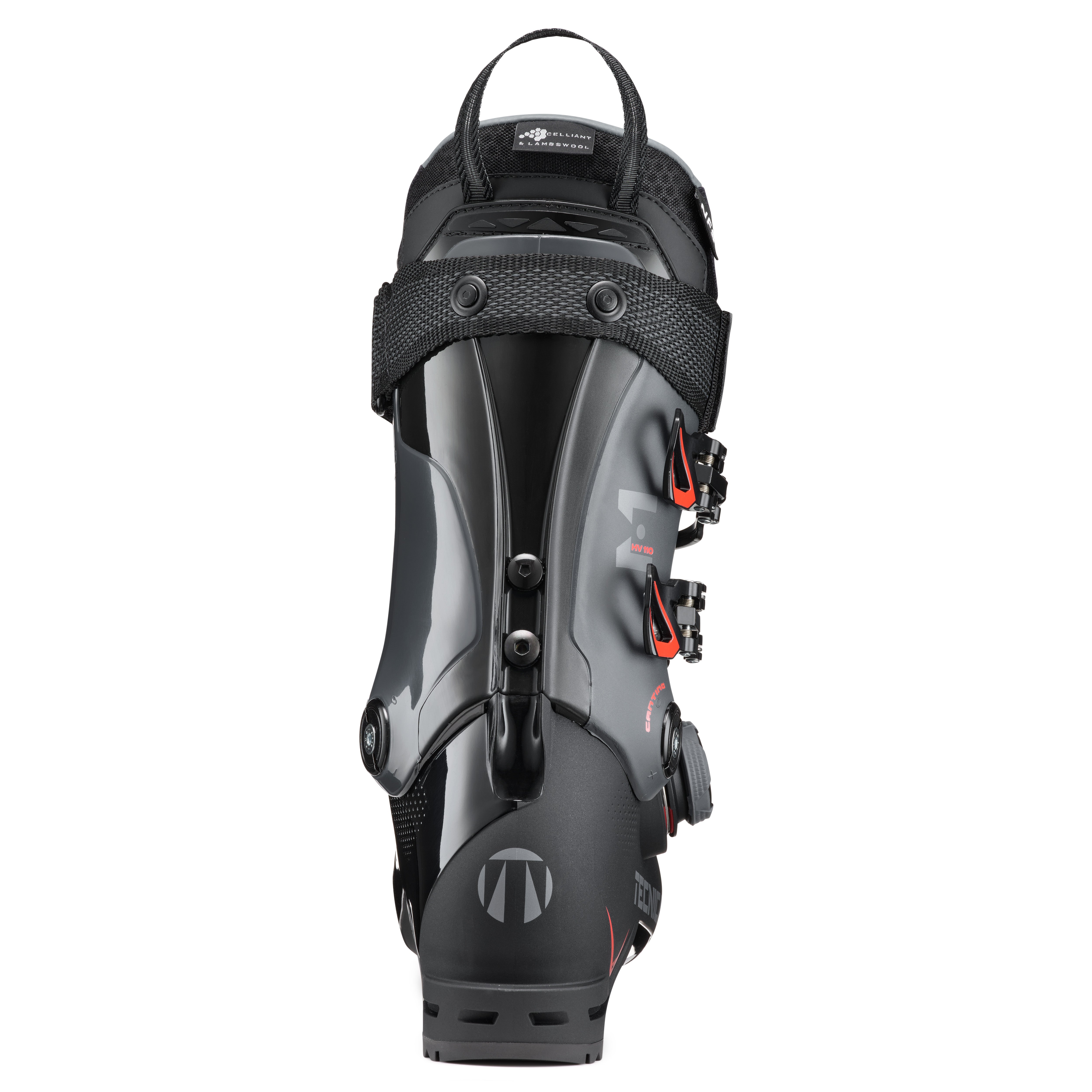 Tecnica Men's Mach 1 BOA HV 110 Ski Boots 2025 - Black ski boots with red accents and a white logo on the side.