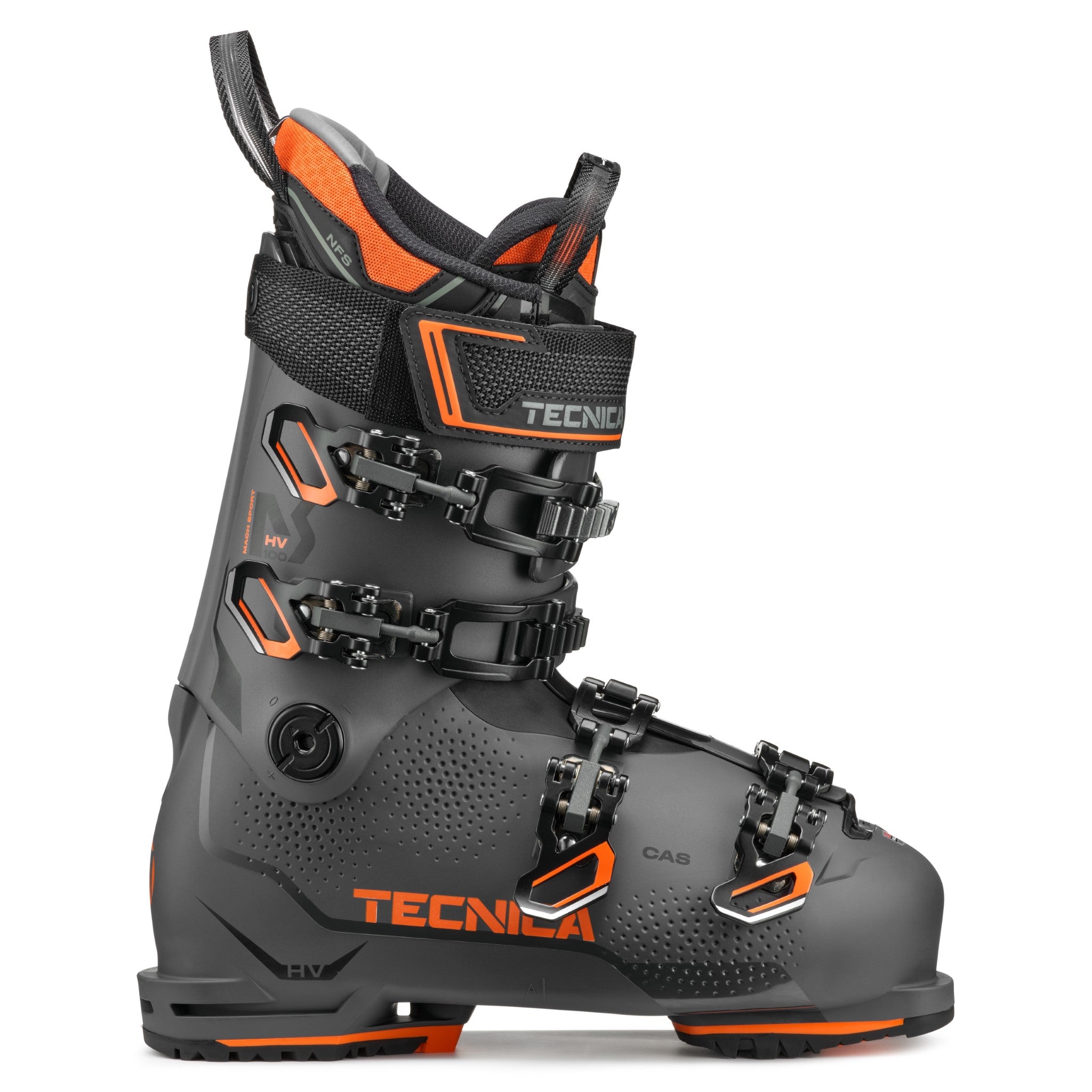 Tecnica Men's Mach Sport HV 100 Ski Boots 2025 - Black ski boots with orange accents and silver buckles.