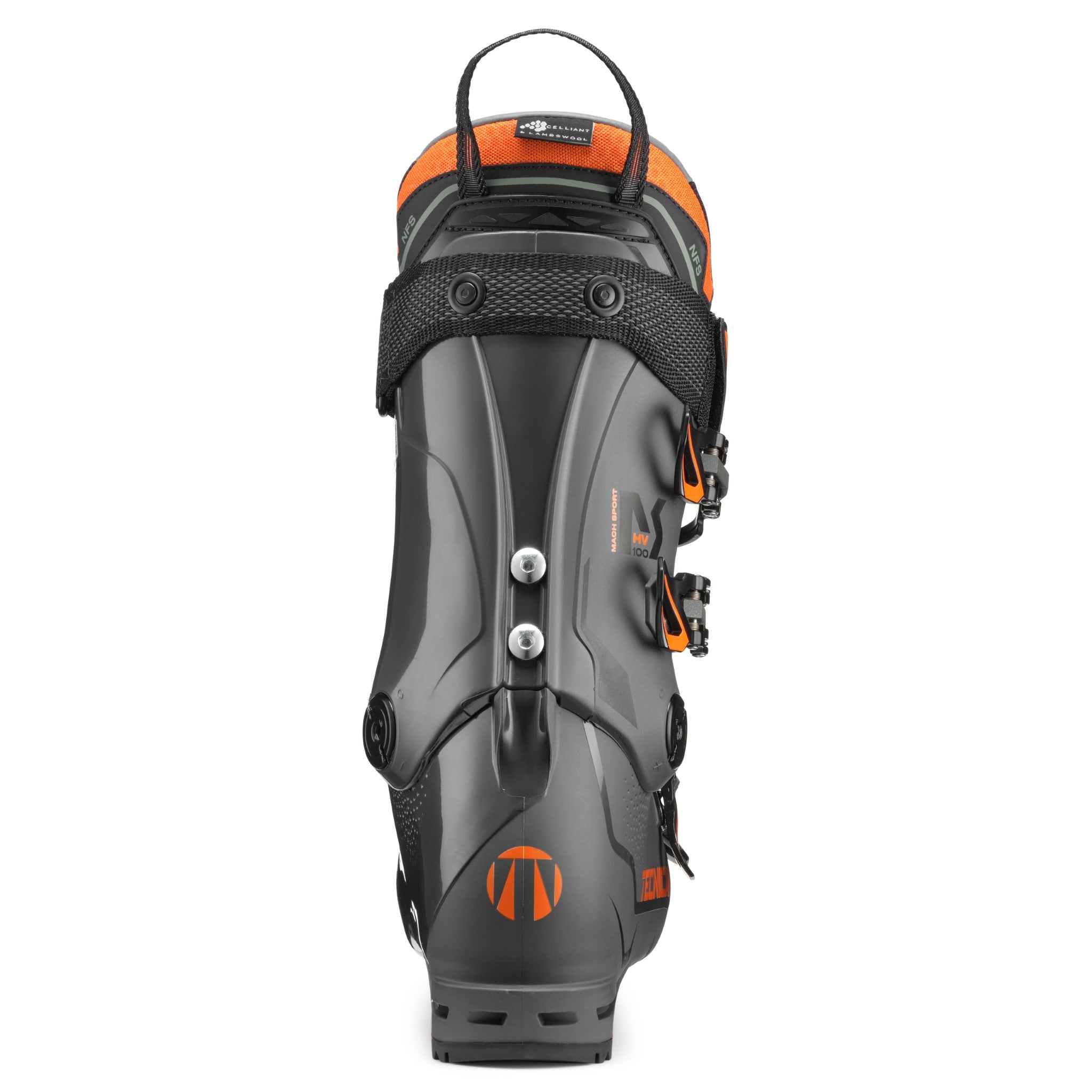 Tecnica Men's Mach Sport HV 100 Ski Boots 2025 - Black ski boots with orange accents and a black strap on top.