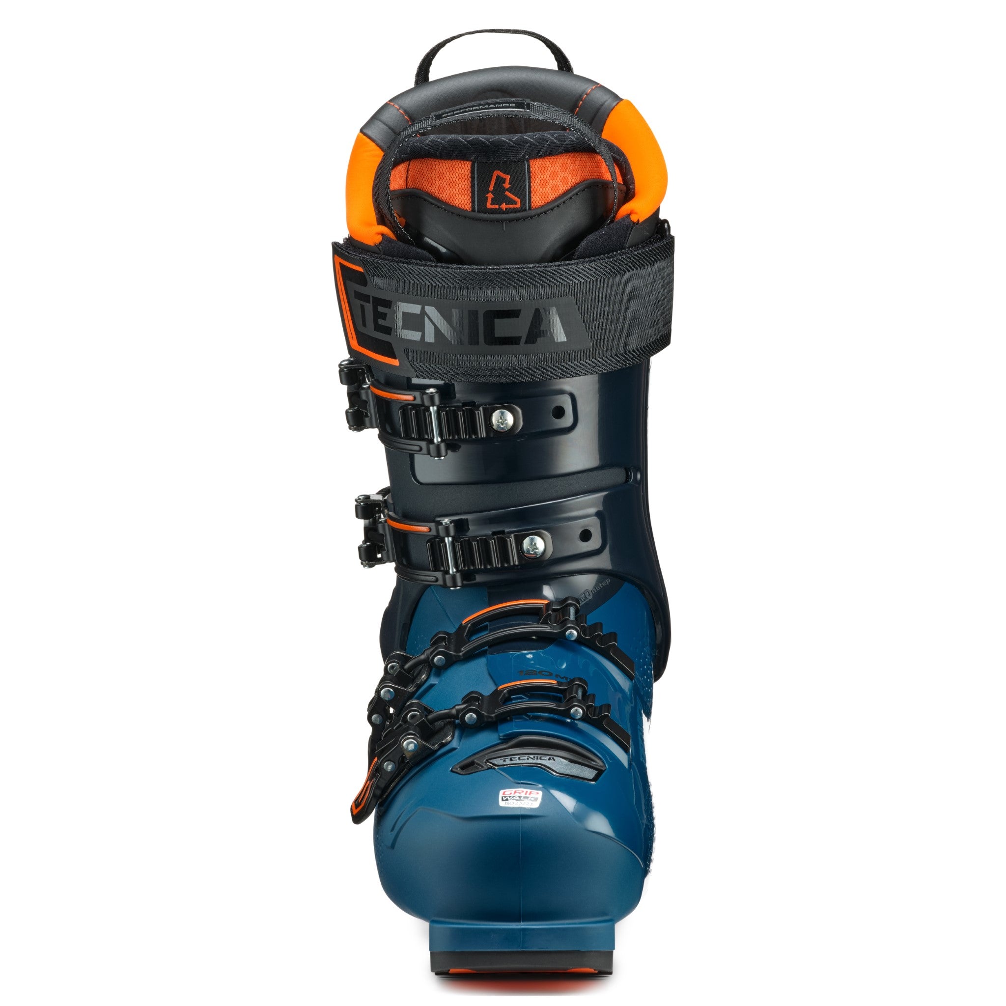 Tecnica Men's Mach 1 MV 120 Ski Boots 2026 - Black ski boots with orange accents and silver buckles.