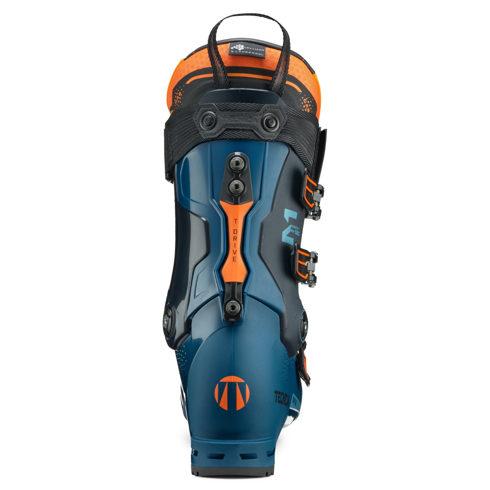 Tecnica Men's Mach 1 MV 120 Ski Boots 2026 - A blue and black ski boot with orange accents, featuring a prominent "MV" logo on the side.