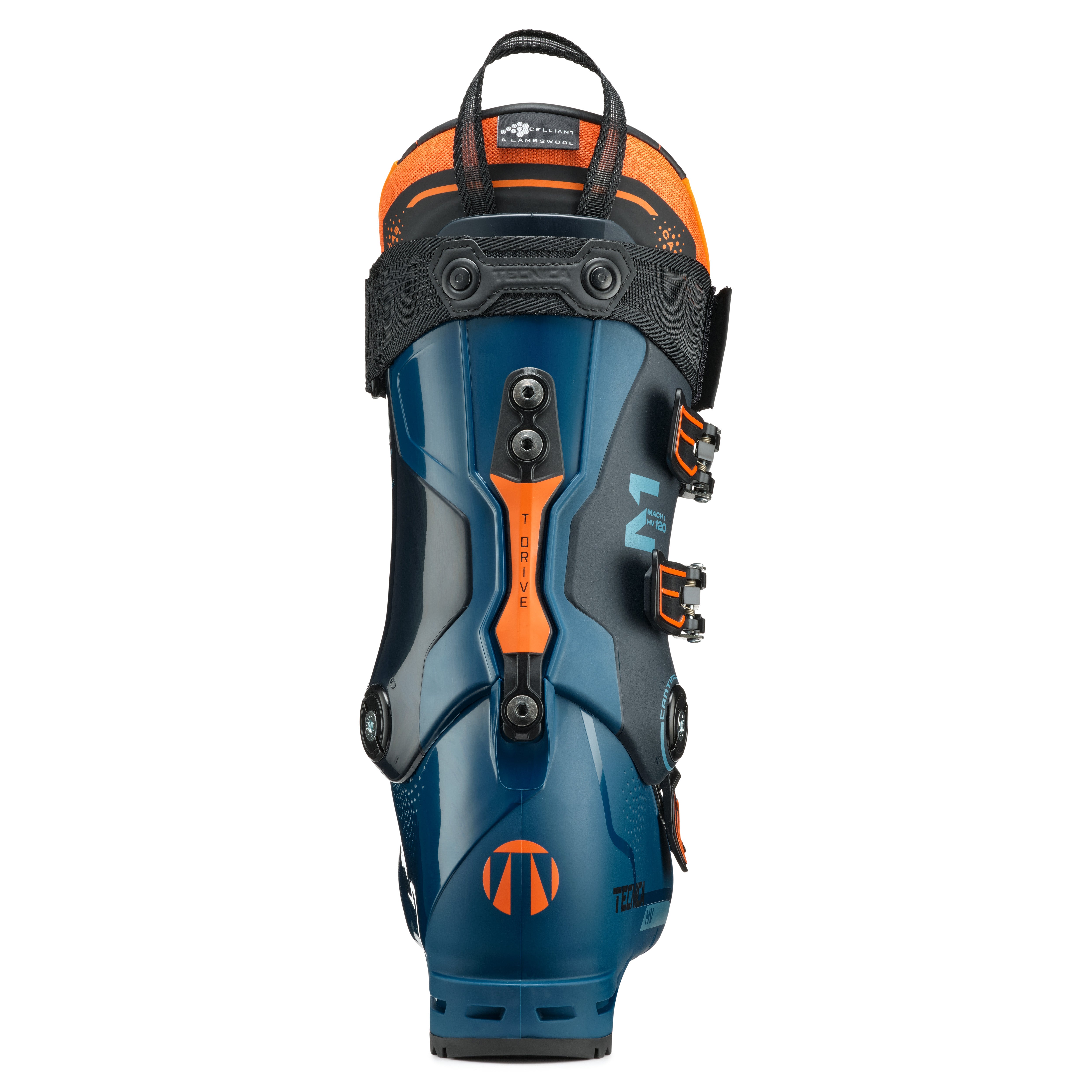 Tecnica Men's Mach 1 HV 120 Ski Boots 2026 - A pair of blue ski boots with orange accents and a black strap on top.
