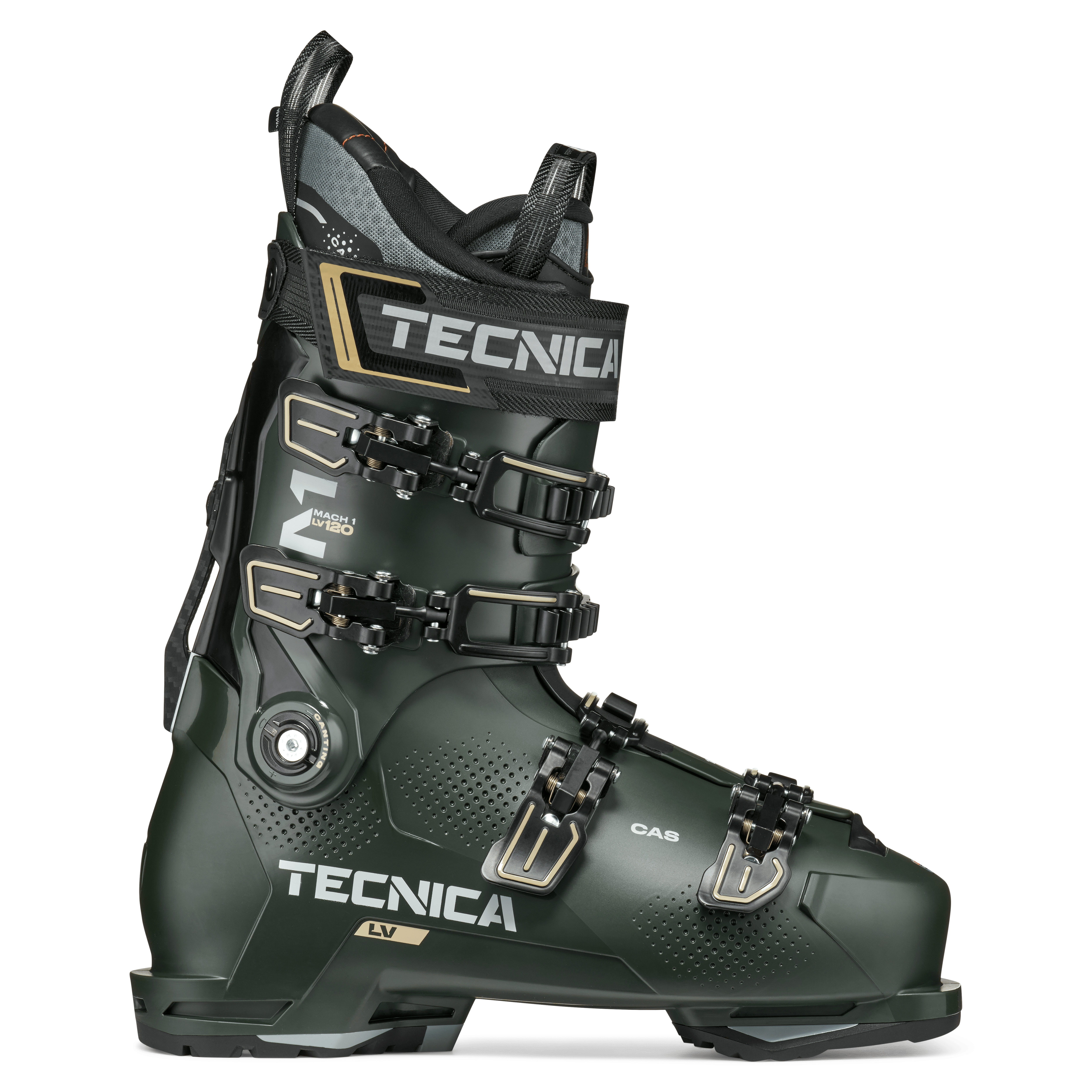 Tecnica Mach1 LV 120 TD2 ski boot, dark green with black buckles and logos