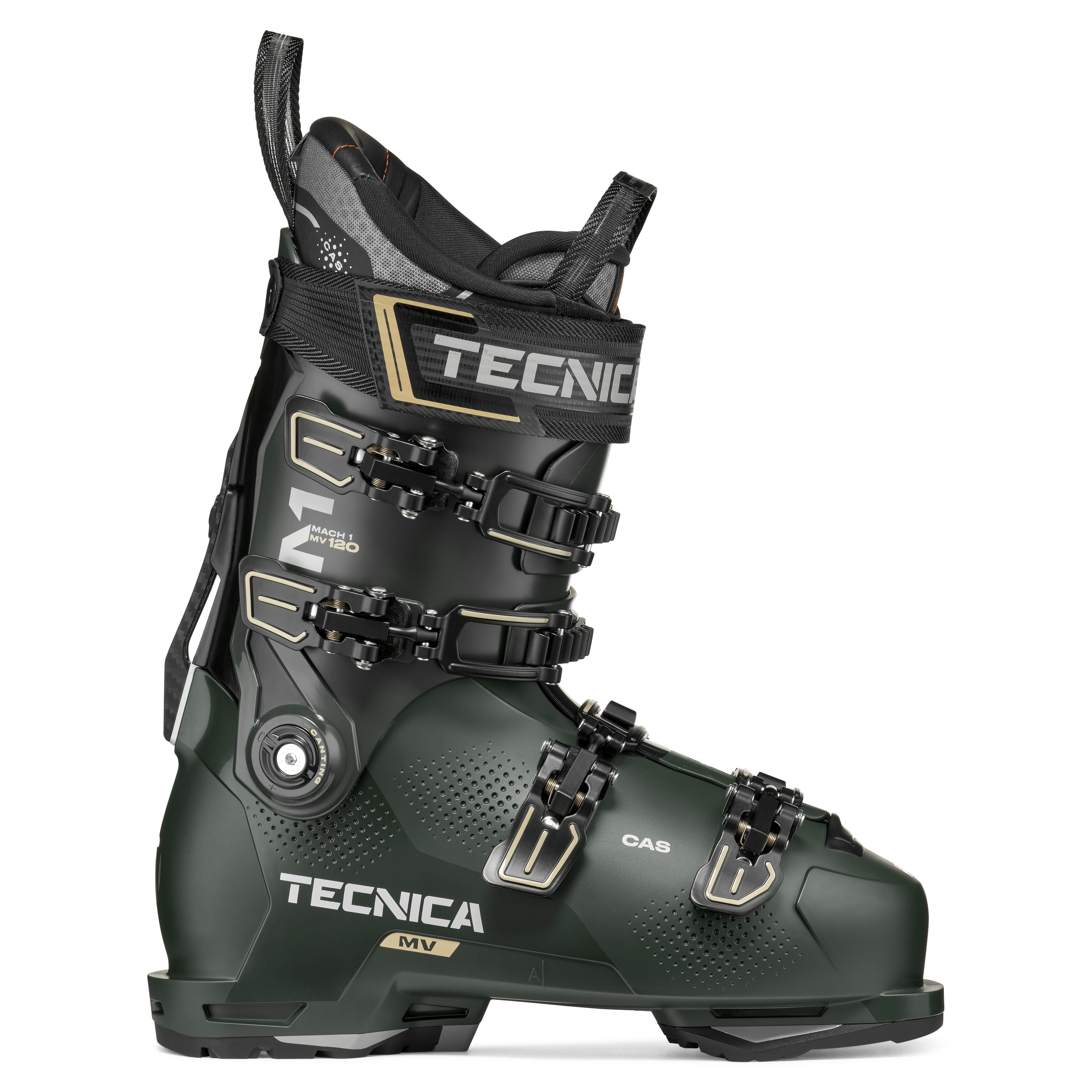 Ski boot Tecnica Mach1 MV 120 TD2 in dark green with black buckles and straps