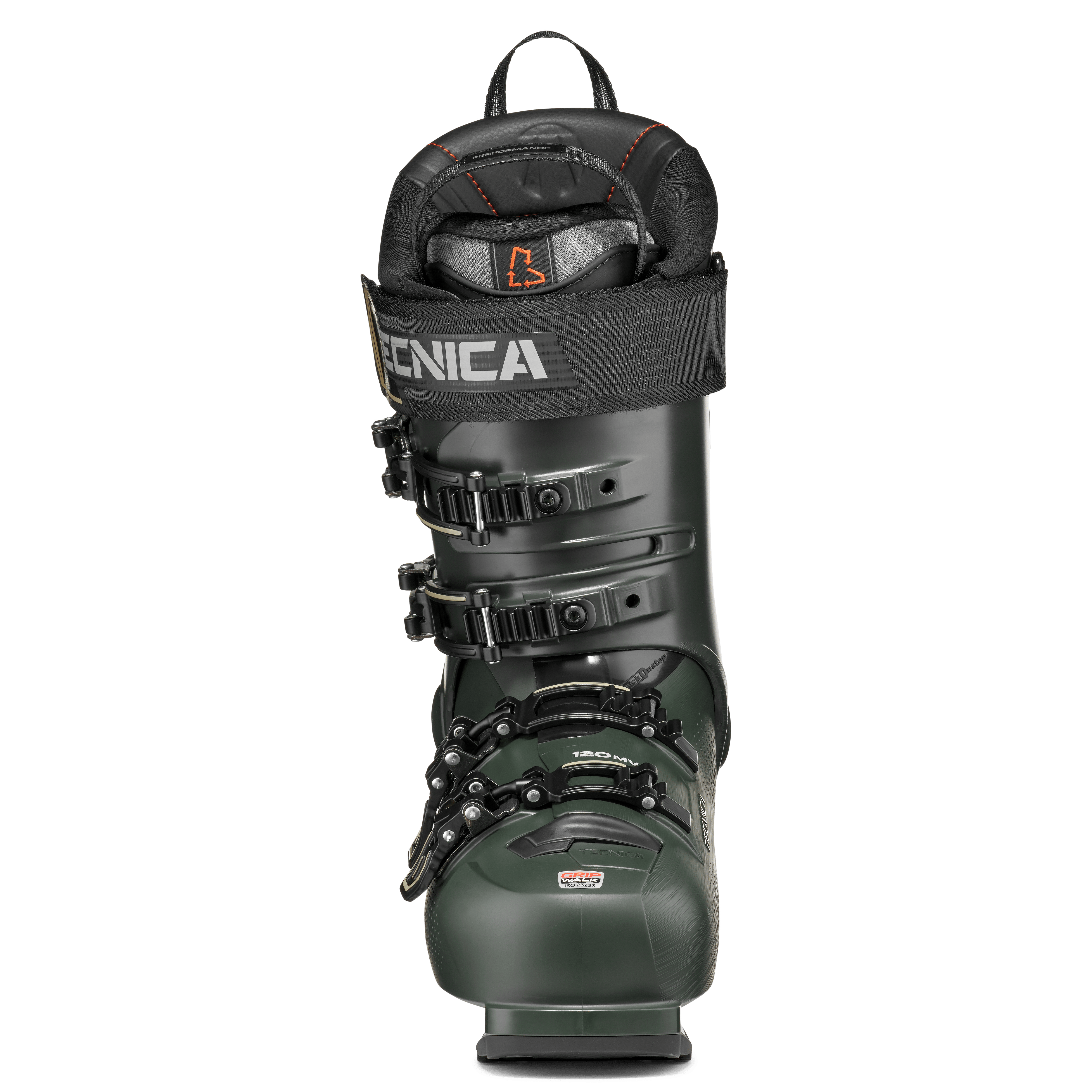 Ski boot Tecnica Mach1 MV 120 TD2 rear view in dark green with black shell and buckles