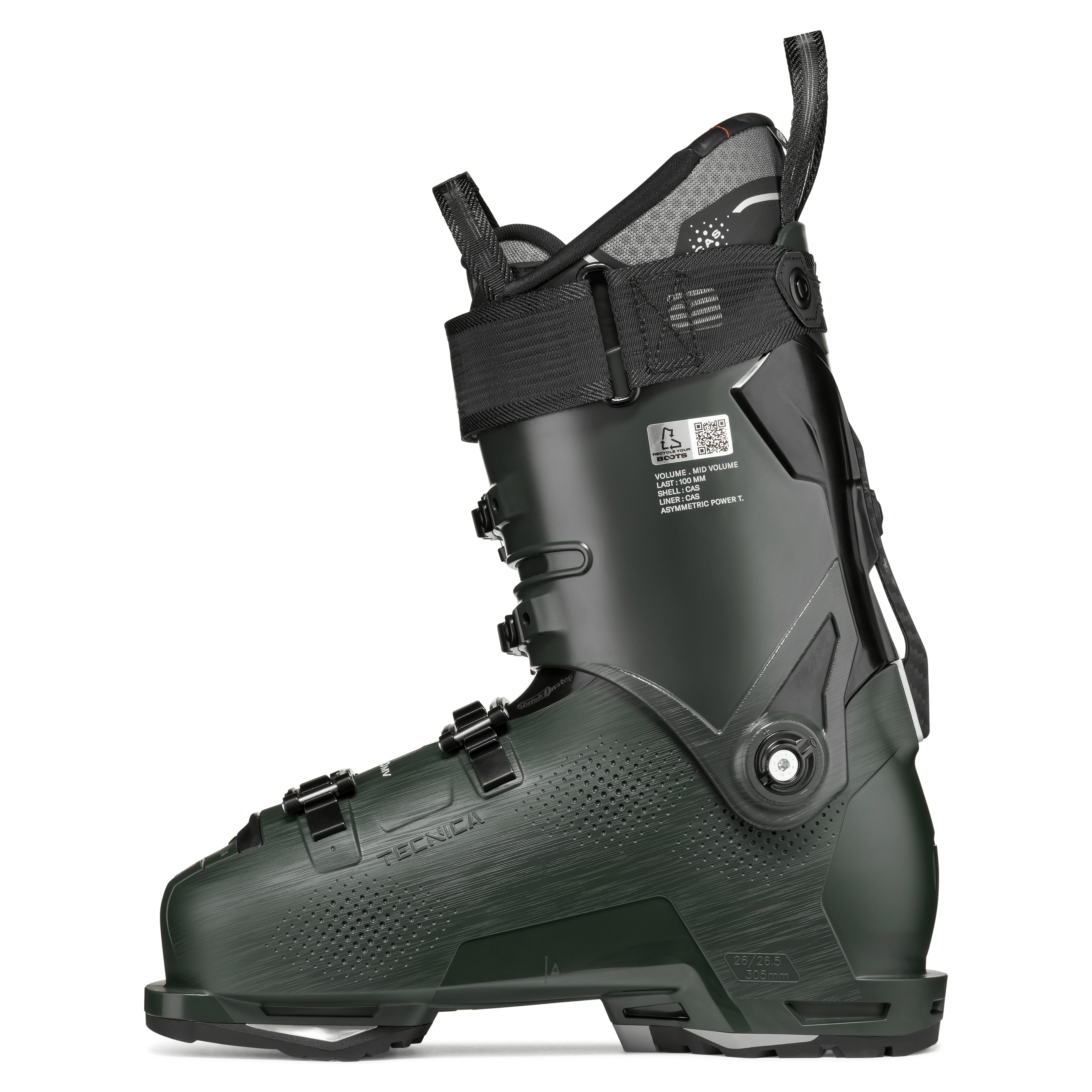 Ski boot Tecnica Mach1 MV 120 TD2 side profile in dark green with toe and ankle buckles
