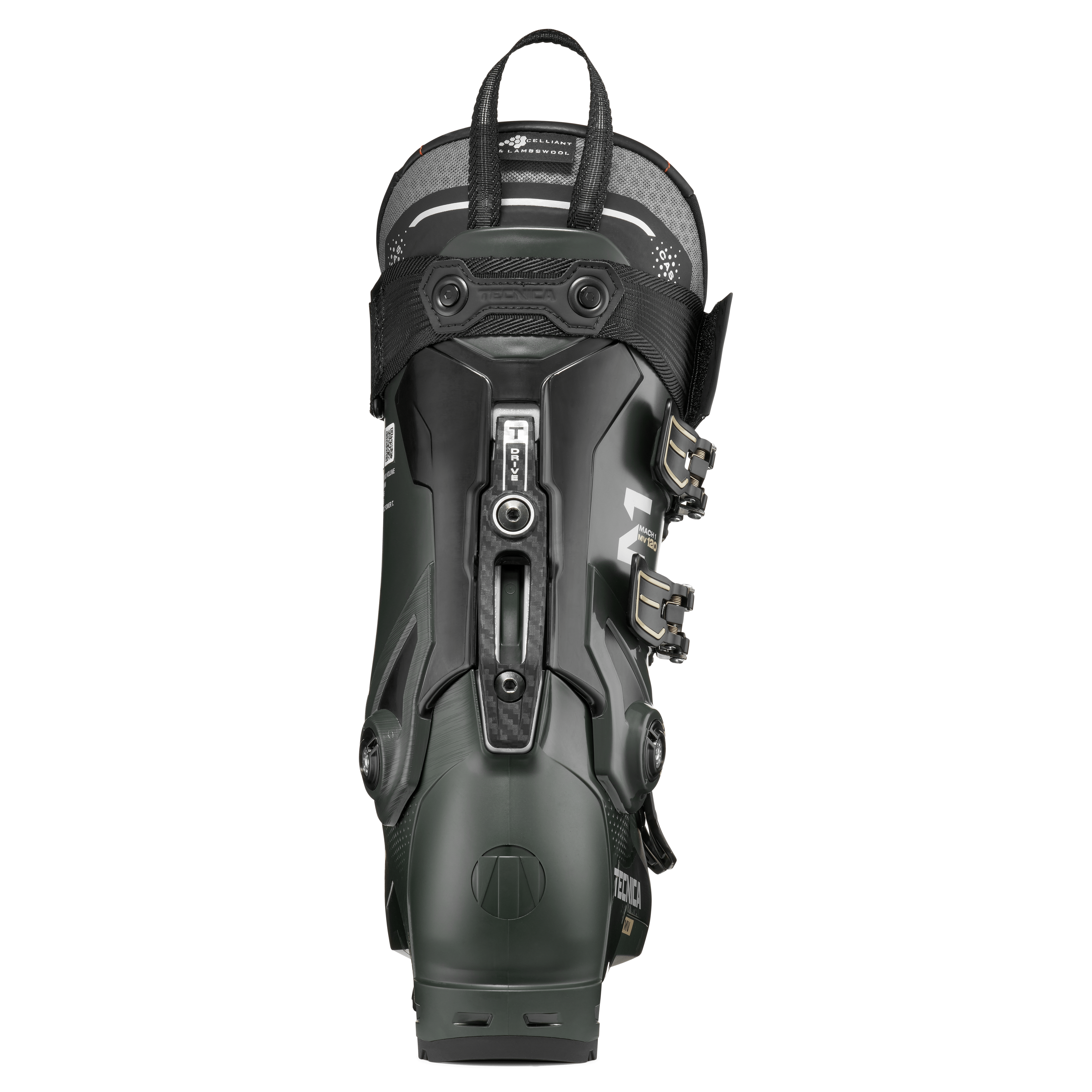Ski boot Tecnica Mach1 MV 120 TD2 front-facing view in dark green with two front buckles