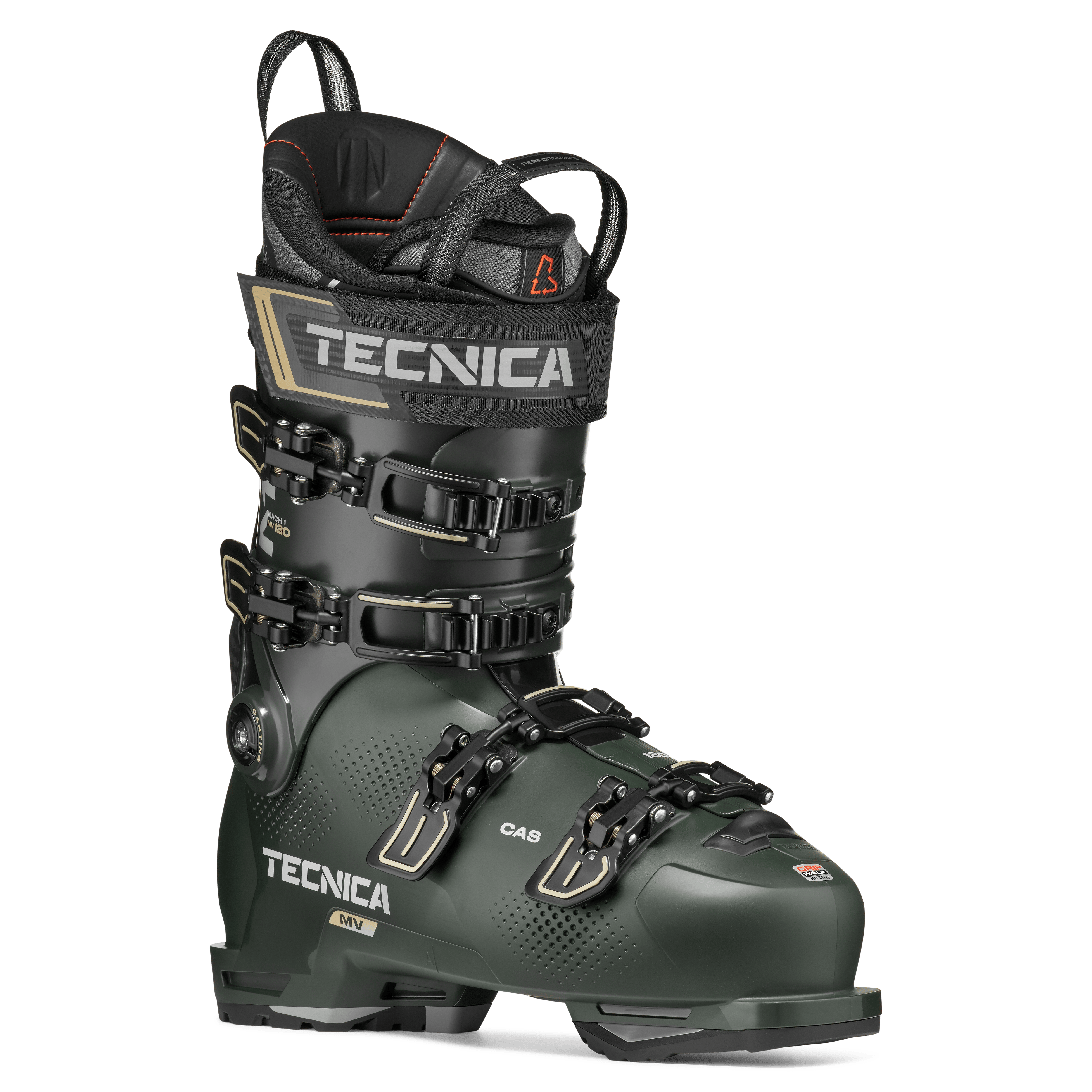 Ski boot Tecnica Mach1 MV 120 TD2 three-quarter view in dark green with black strap buckles