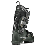 Ski boot Tecnica Mach1 MV 120 TD2 angled view in dark green with Tecnica branding and straps