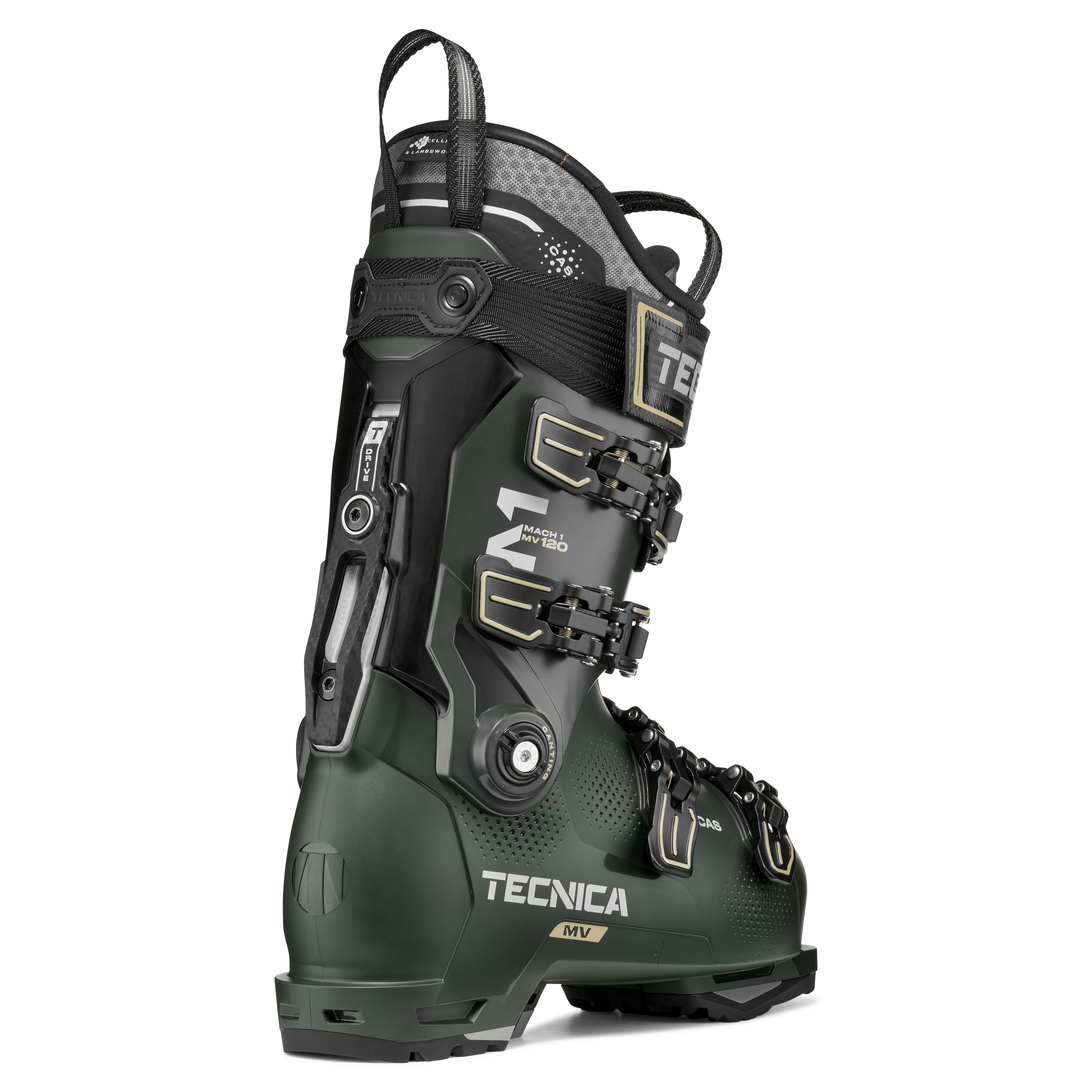 Ski boot Tecnica Mach1 MV 120 TD2 angled view in dark green with Tecnica branding and straps