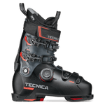 Black ski boot with BOA dial and red-accent buckles, front 3/4 view