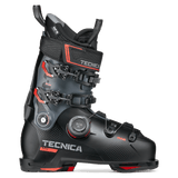 Black ski boot with BOA dial and red-accent buckles, front 3/4 view