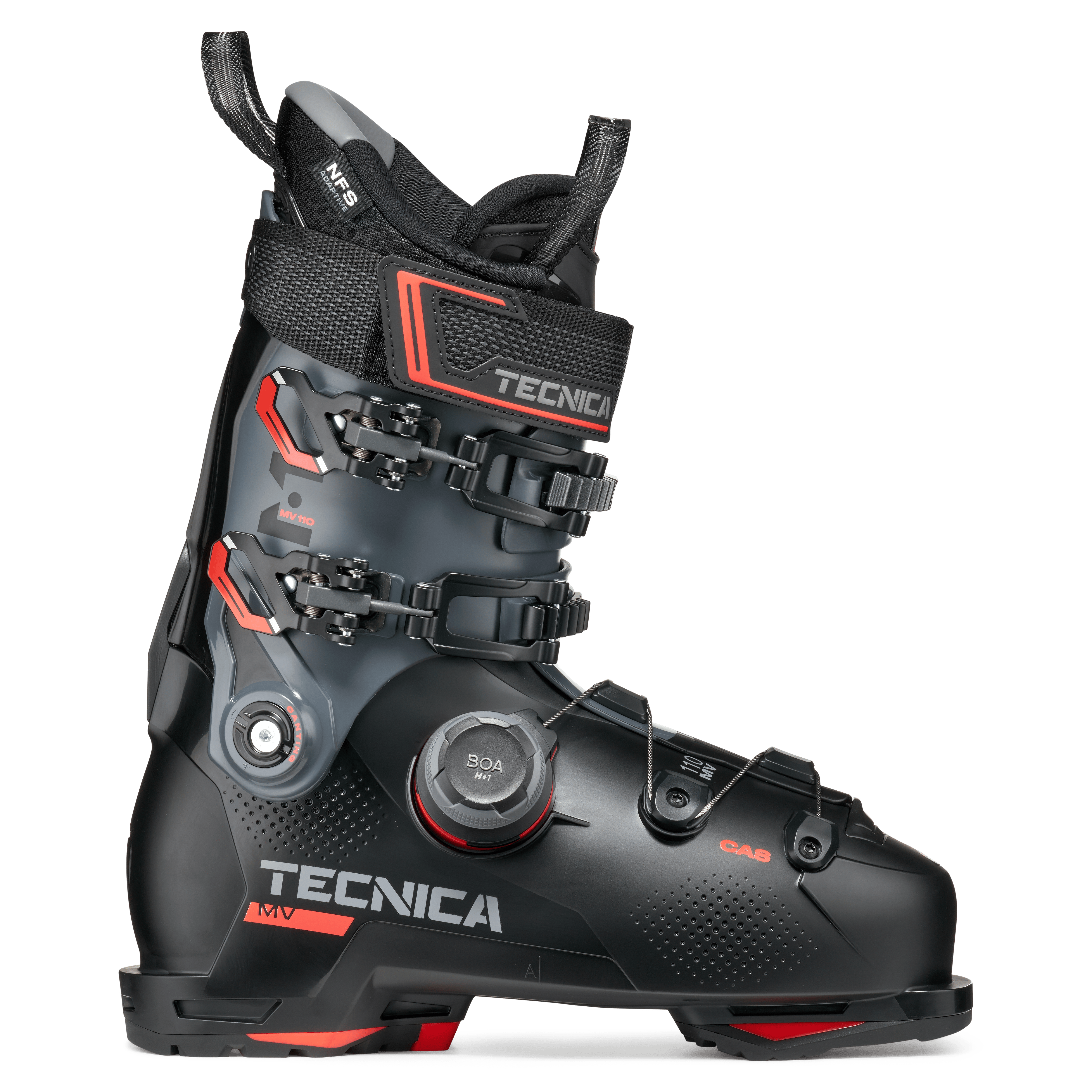 Black ski boot with BOA dial and red-accent buckles, front 3/4 view