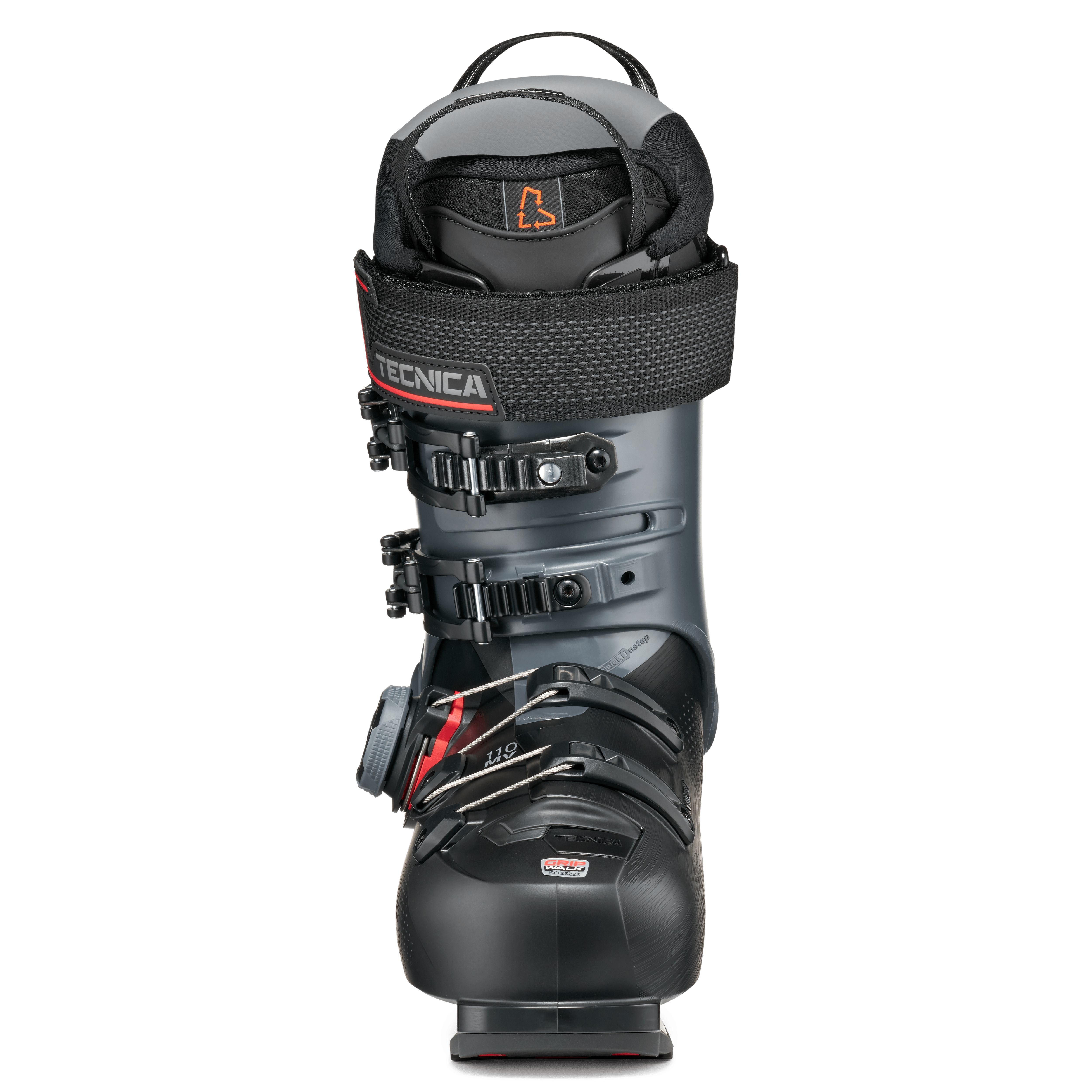 Black ski boot with BOA dial and rear strap, back view