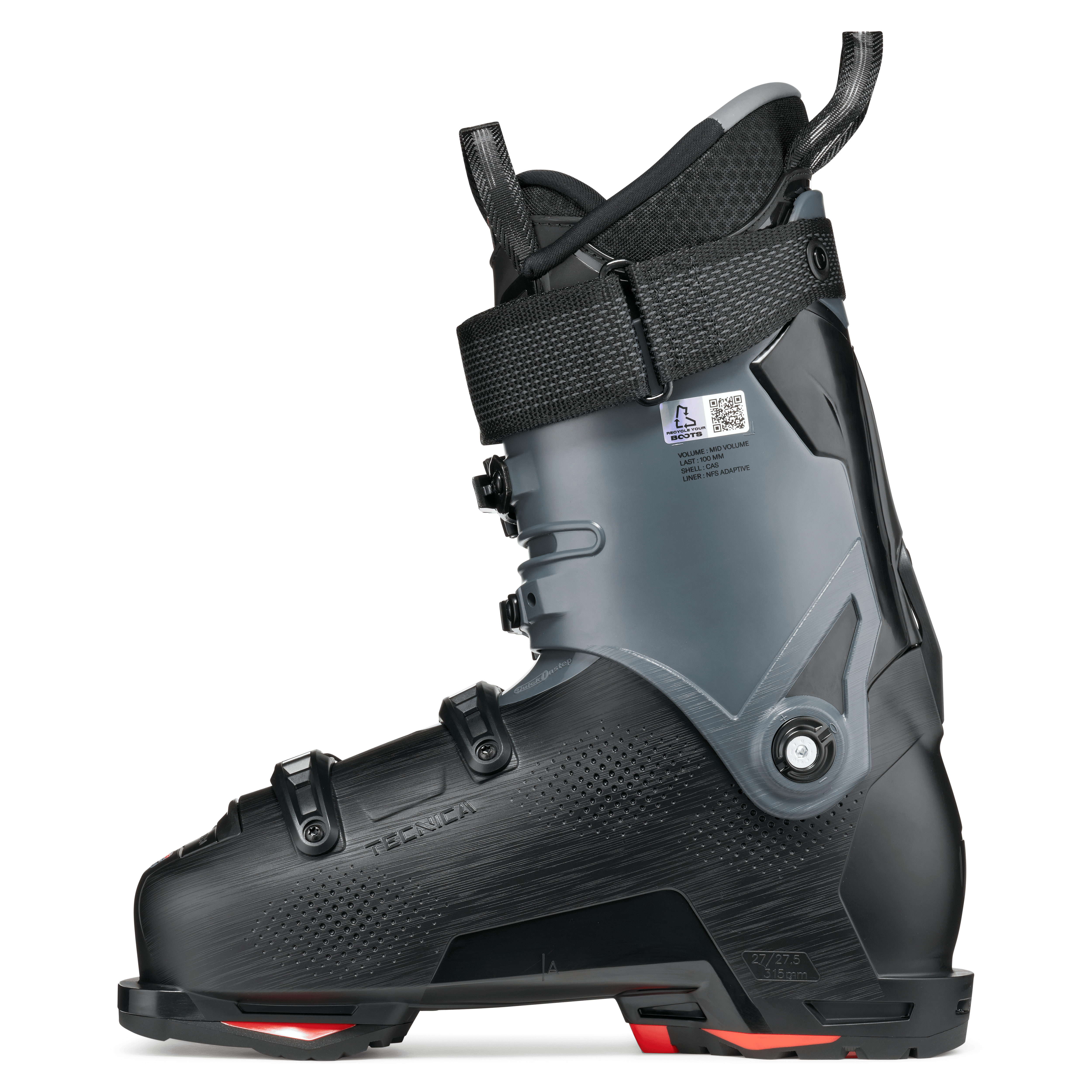 Black ski boot with red sole accents, side view