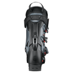 Black ski boot back view with padded collar and adjustable buckles