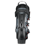 Black ski boot back view with padded collar and adjustable buckles