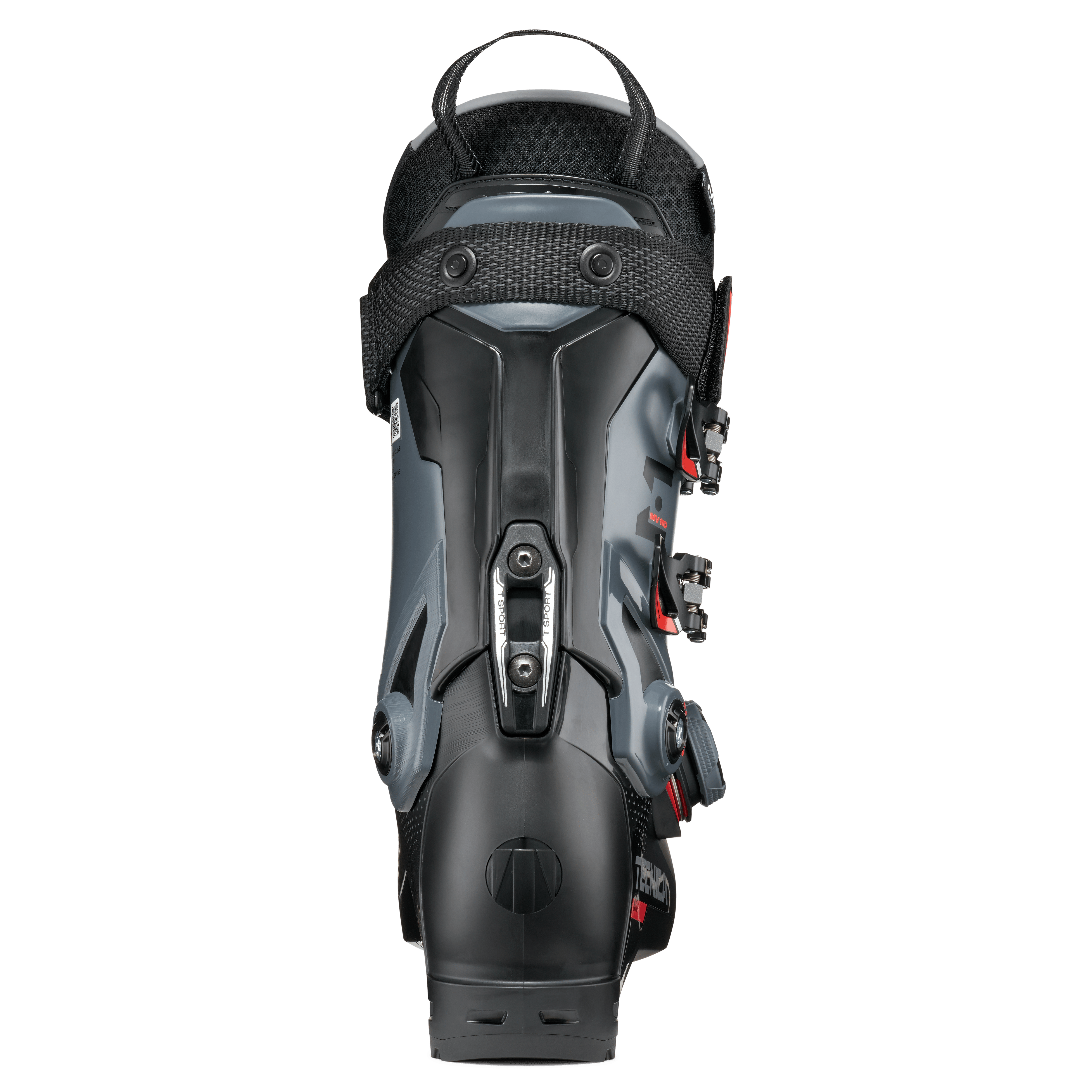 Black ski boot back view with padded collar and adjustable buckles