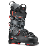 Black ski boot with BOA dial, red trim, front 3/4 angle