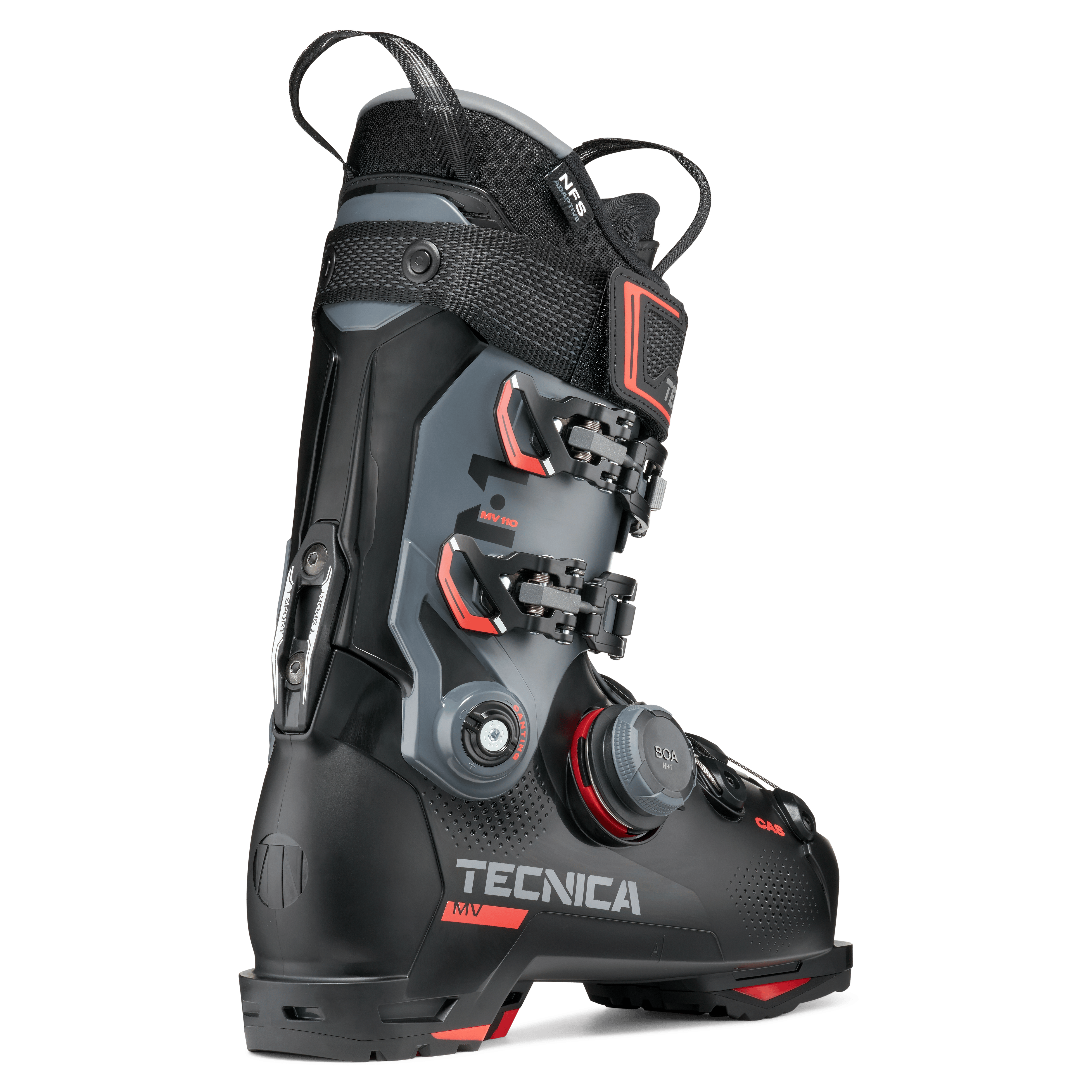 Black ski boot with BOA dial and red-trim shell, profile view