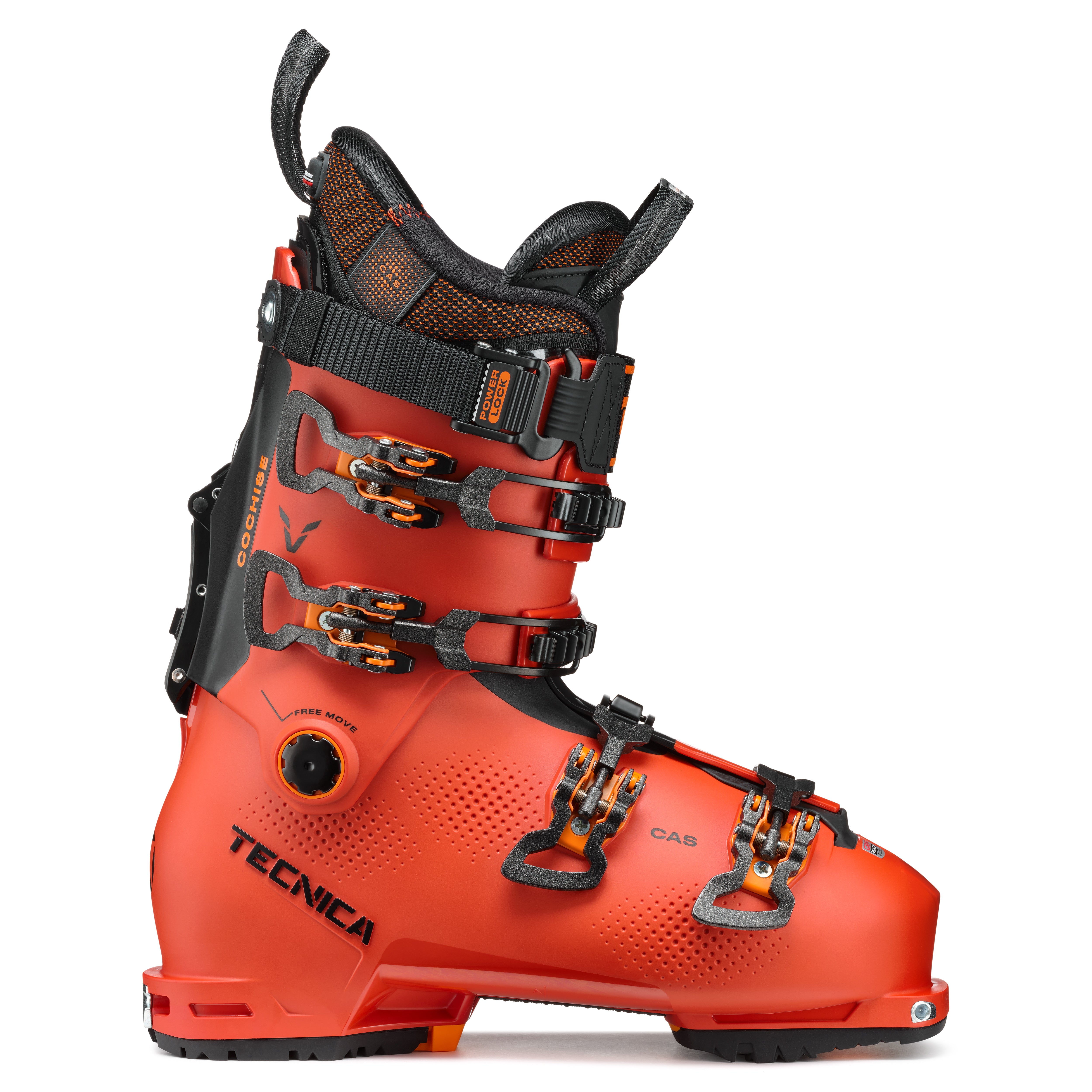 Tecnica Men's Cochise 130 Ski Boots 2025 - A pair of red ski boots with black buckles and straps, featuring a textured pattern on the toe cap.