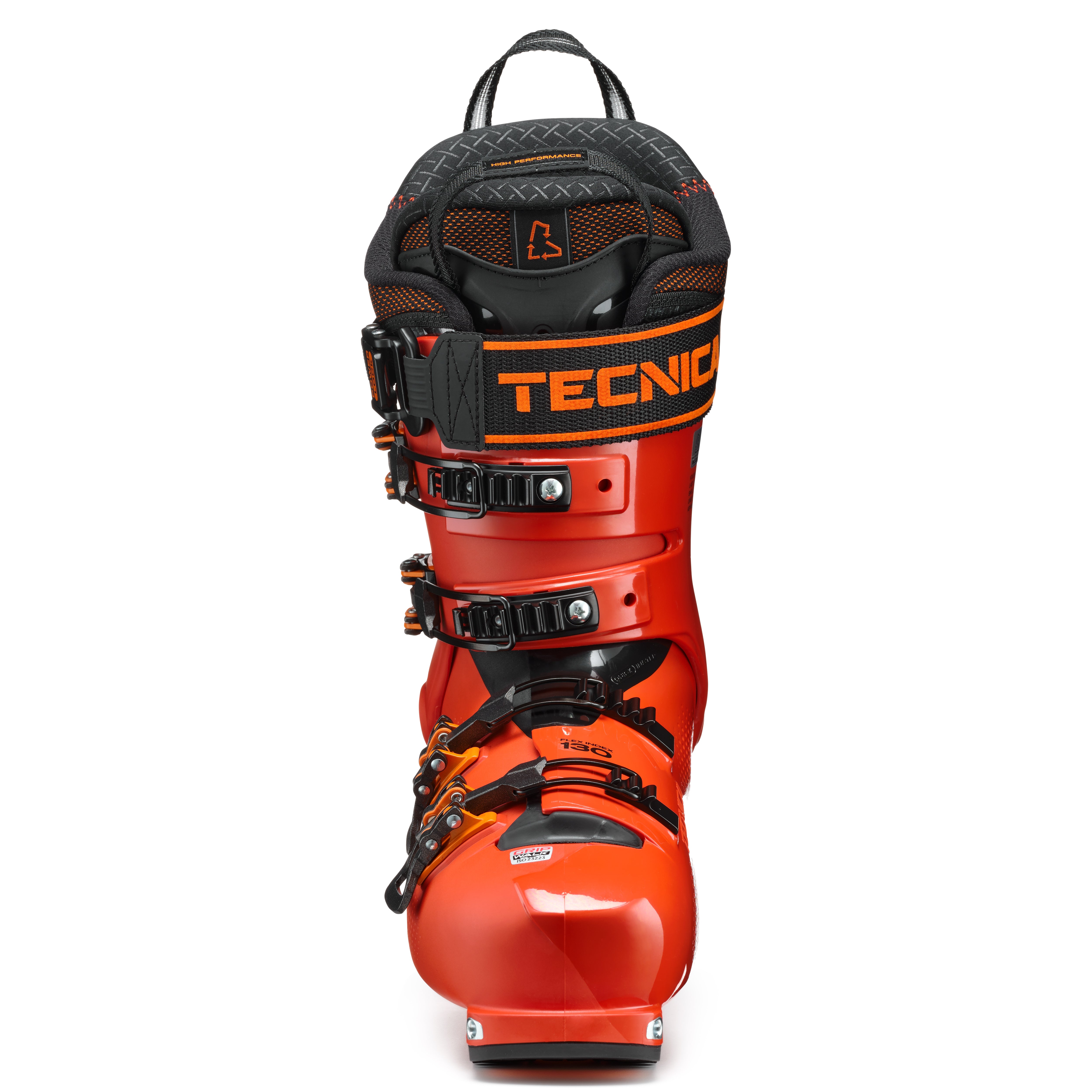Tecnica Men's Cochise 130 Ski Boots 2025 - Black ski boots with orange accents and a black strap on top.