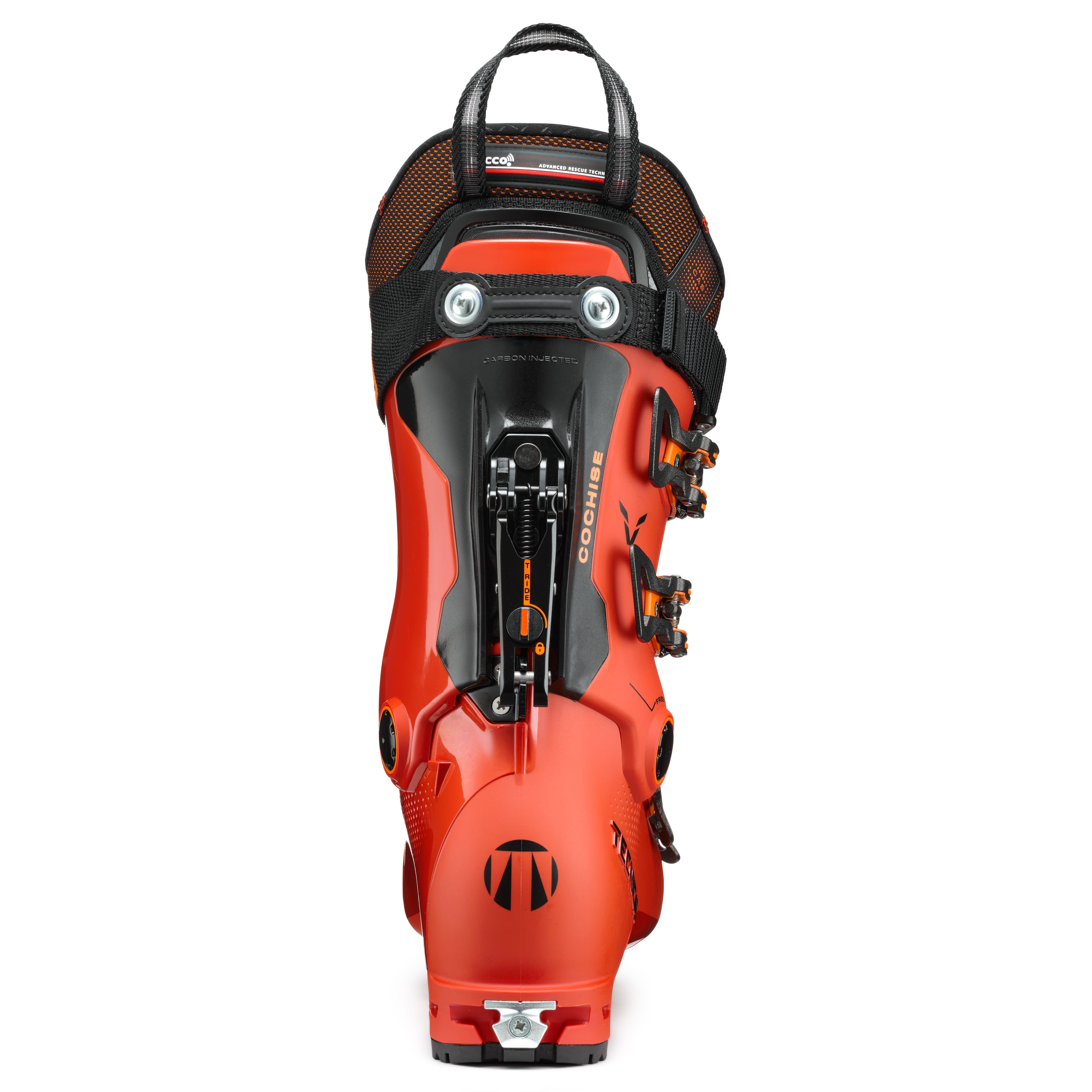Tecnica Men's Cochise 130 Ski Boots 2025 - A red ski boot with black accents and a black strap across the top.