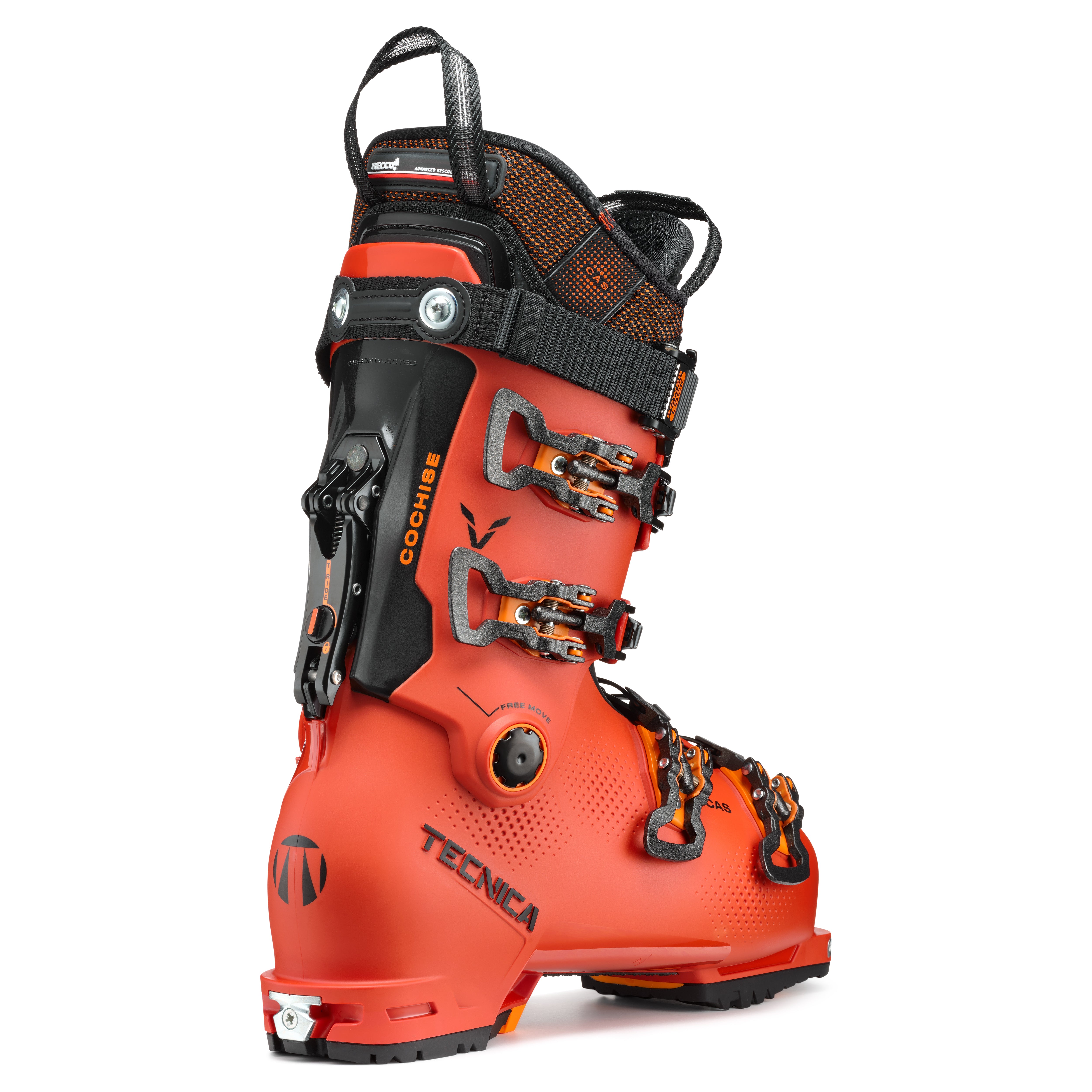 Tecnica Men's Cochise 130 Ski Boots - A pair of red ski boots with black buckles and straps, featuring a textured pattern on the side.