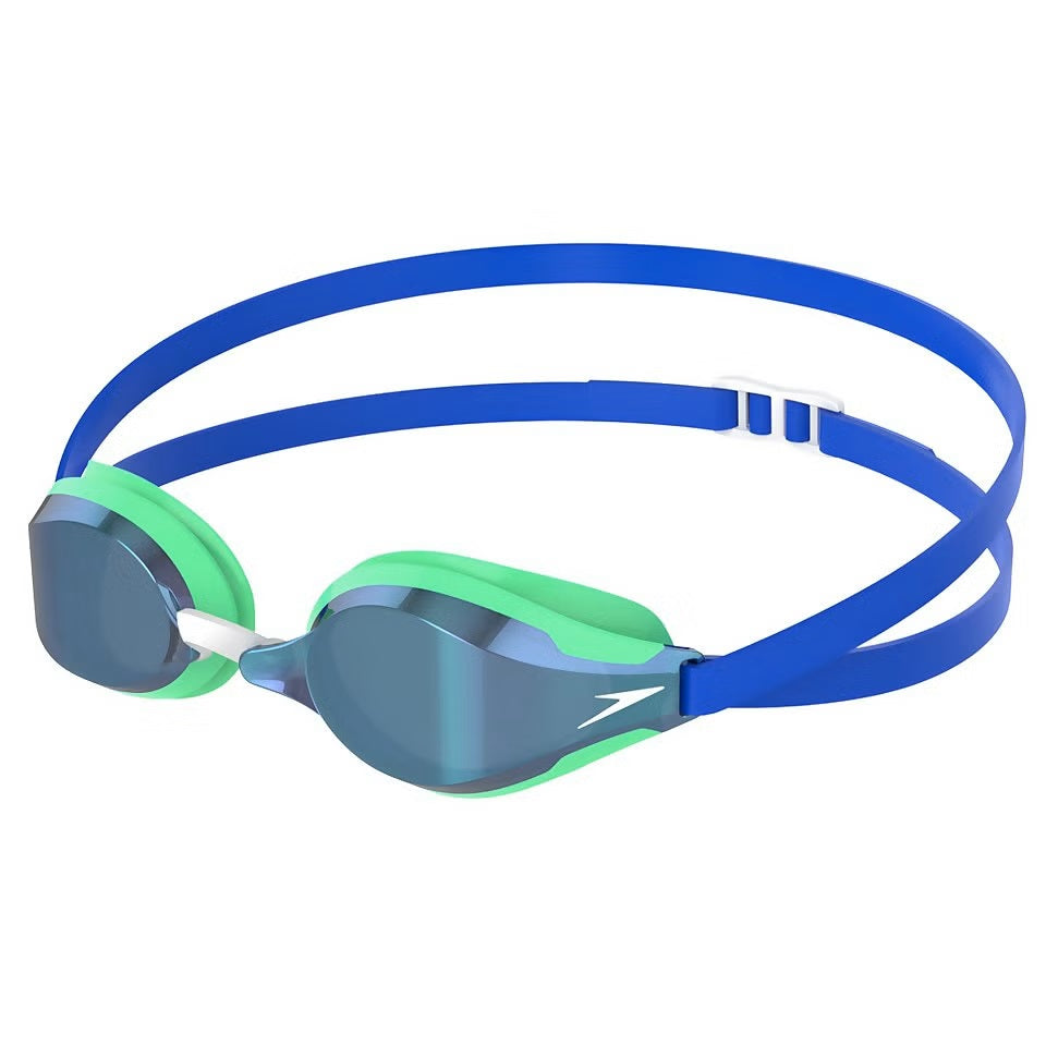 Speedo Speed Socket 2.0 Mirrored Swim Goggle - A pair of mirrored swim goggles with a sleek, modern design and a strap that wraps around the head.
