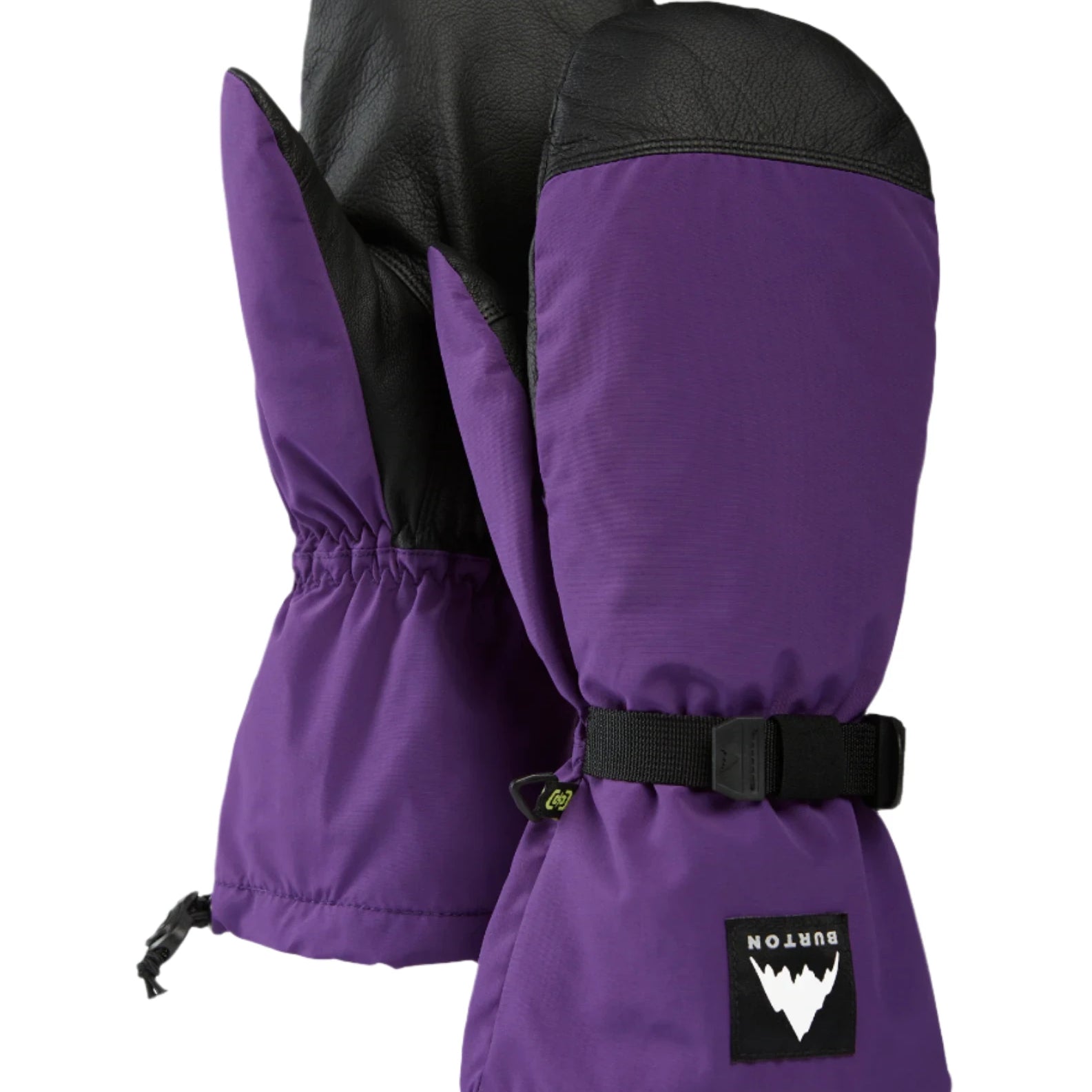 Burton Hi-Five Mittens - Pair of purple mittens with black leather palms and thumb straps.