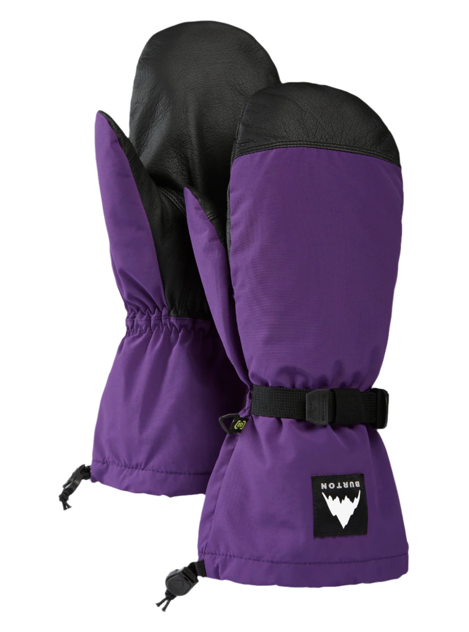 Burton Hi-Five Mittens - Pair of purple mittens with black leather palms and thumb straps.