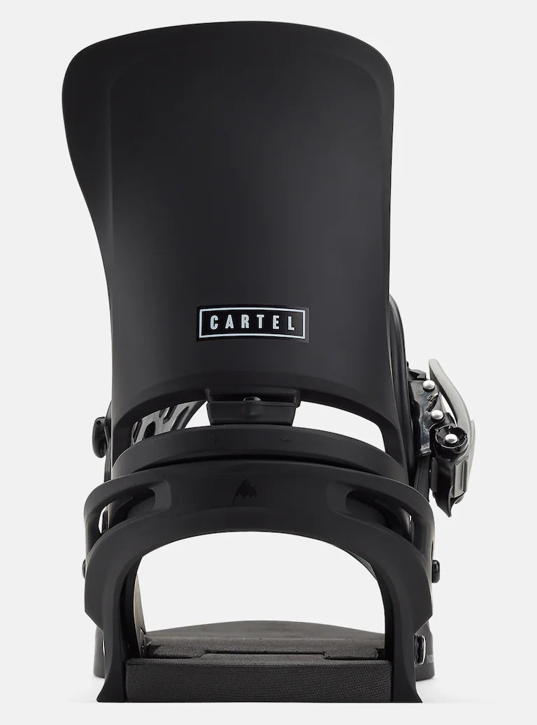 Burton Cartel Snowboard Bindings 2025 - A pair of black snowboard bindings with a sleek, modern design and silver buckles.