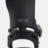 Burton Cartel Snowboard Bindings 2025 - A pair of black snowboard bindings with a sleek, modern design and silver buckles.