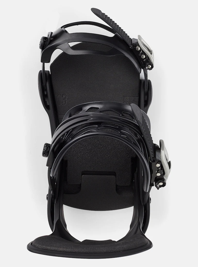 Burton Cartel Snowboard Bindings 2025 - A pair of black snowboard bindings with silver buckles and straps.