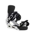 Burton Cartel Snowboard Bindings 2025 - A pair of black and white snowboard bindings with silver buckles.