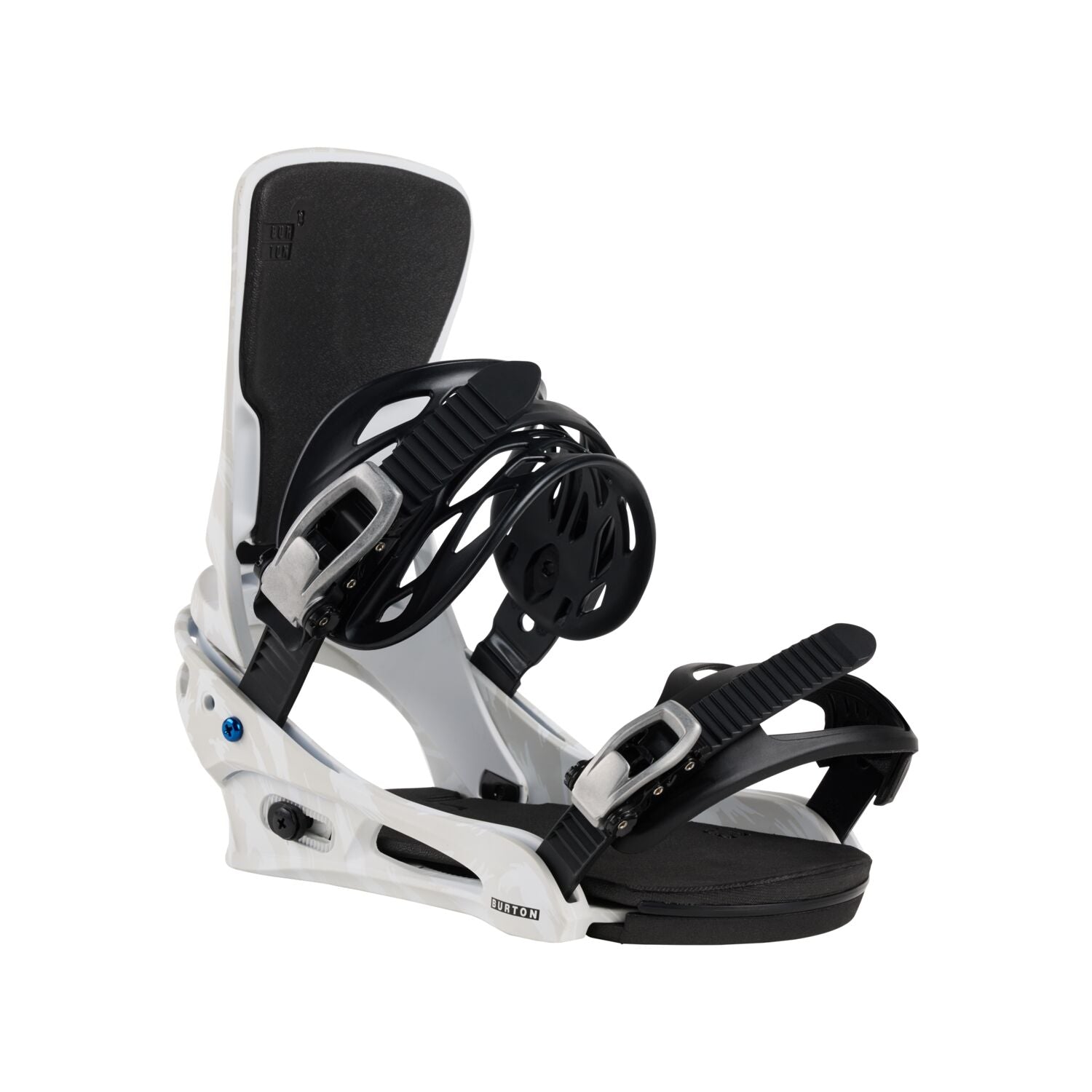 Burton Cartel Snowboard Bindings 2025 - A pair of black and white snowboard bindings with silver buckles.