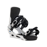 Burton Cartel Snowboard Bindings 2025 - A pair of black and white snowboard bindings with silver buckles.