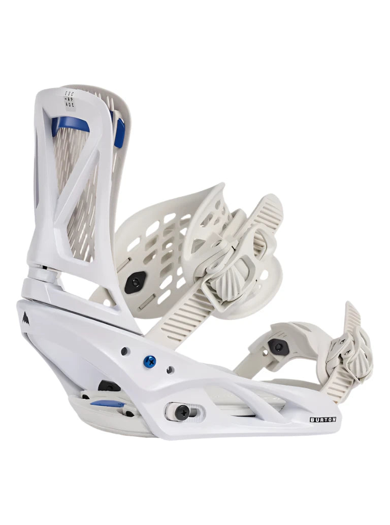 Burton Women's Escapade Snowboard Bindings 2025 - White bindings with blue accents and a black strap on the right boot.