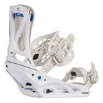 Burton Women's Escapade Snowboard Bindings 2025 - White bindings with blue accents and a black strap on the right boot.