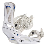 Burton Women's Escapade Snowboard Bindings 2025 - White bindings with blue accents and a black strap on the right boot.