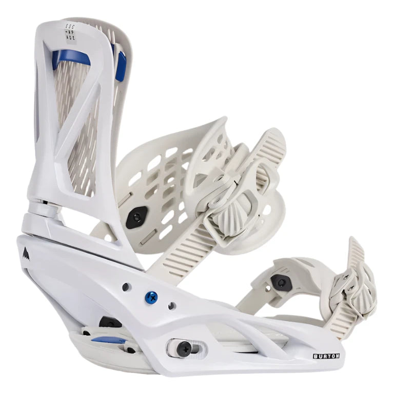 Burton Women's Escapade Snowboard Bindings 2025 - White bindings with blue accents and a black strap on the right boot.