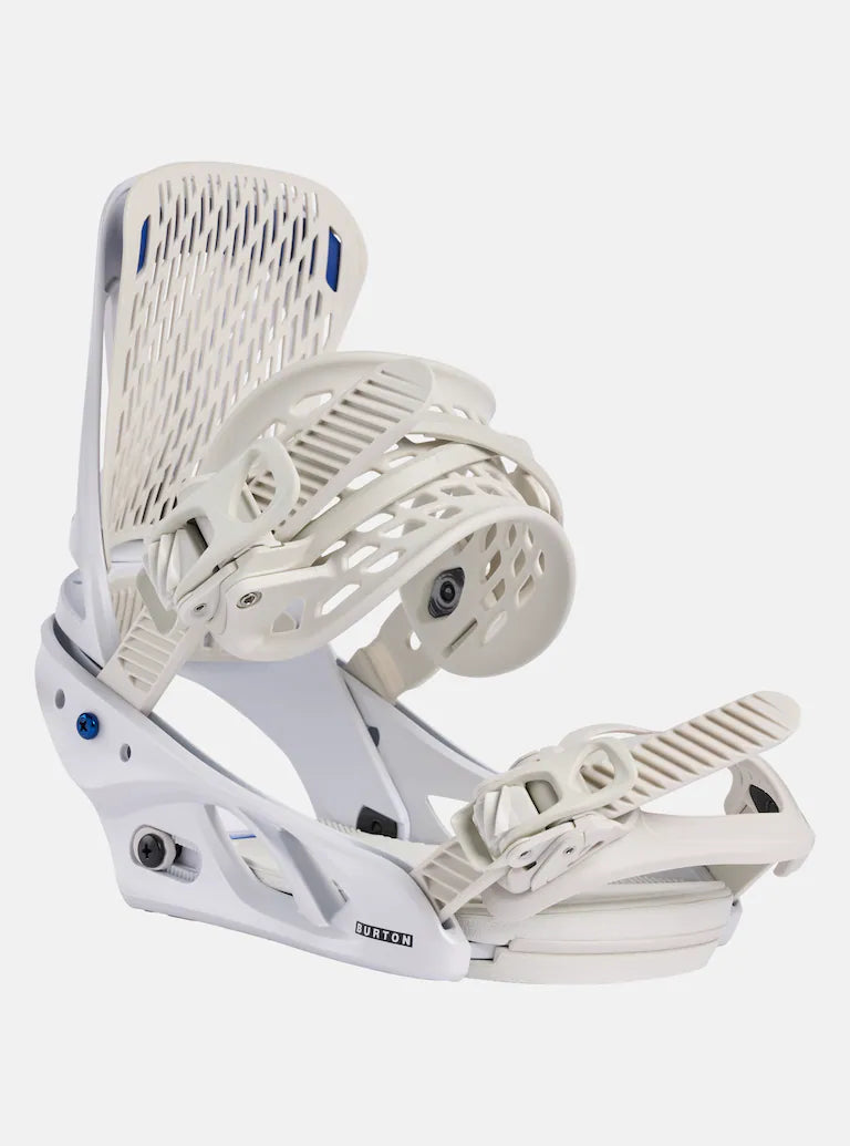 Burton Women's Escapade Snowboard Bindings 2025 - White bindings with blue accents and a textured strap.