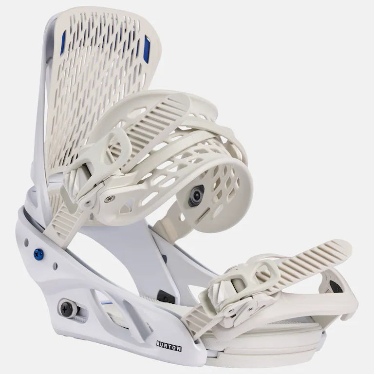 Burton Women's Escapade Snowboard Bindings 2025 - White bindings with blue accents and a textured strap.